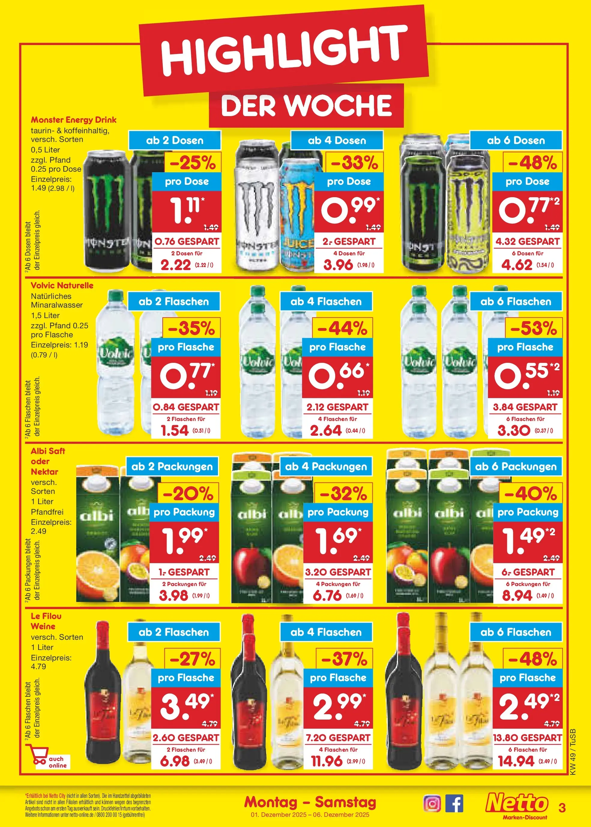 Netto Marken-Discount prospekt Calw-Stammheim	 (ab 30.11.2025) » Angebote | Seite: 3 | Produkte: Le filou, Energy, Monster, Saft