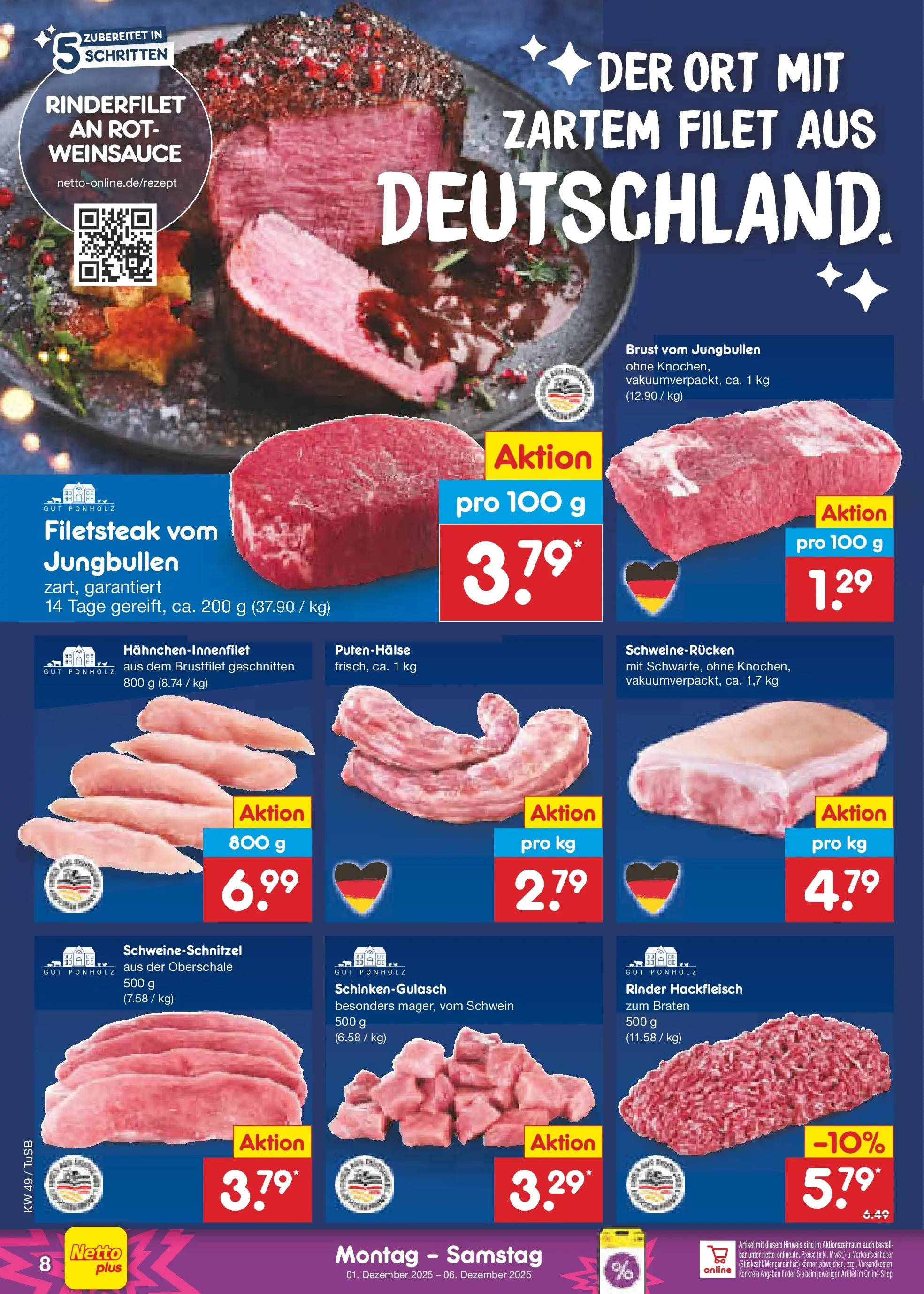 Netto Marken-Discount prospekt Calw-Stammheim	 (ab 30.11.2025) » Angebote | Seite: 8 | Produkte: Rinderfilet, Schweinerucken, Hackfleisch