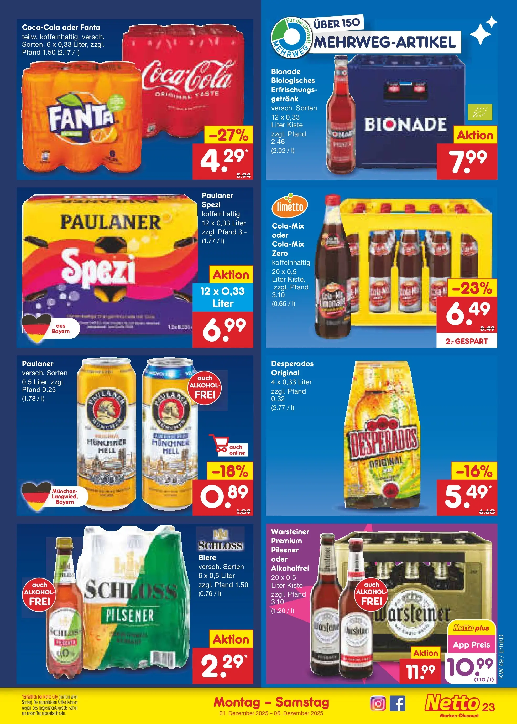 Netto Marken-Discount prospekt Ergolding	 (ab 01.12.2025) » Angebote | Seite: 25 | Produkte: Coca cola, Paulaner spezi, Desperados, Paulaner