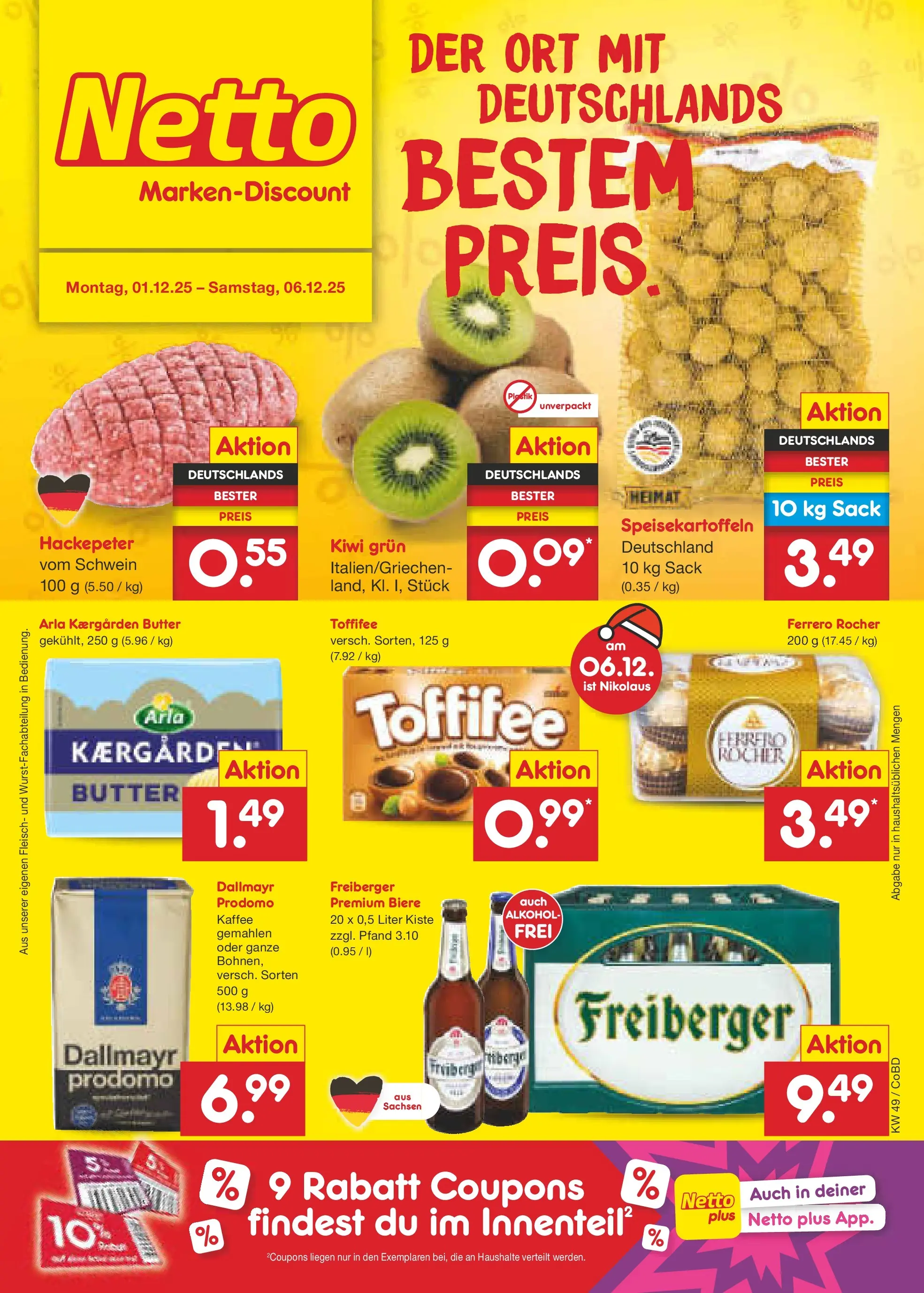 Netto Marken-Discount prospekt Delitzsch	 (ab 01.12.2025) » Angebote | Seite: 1 | Produkte: Ferrero rocher, Dallmayr, Toffifee, Fleisch