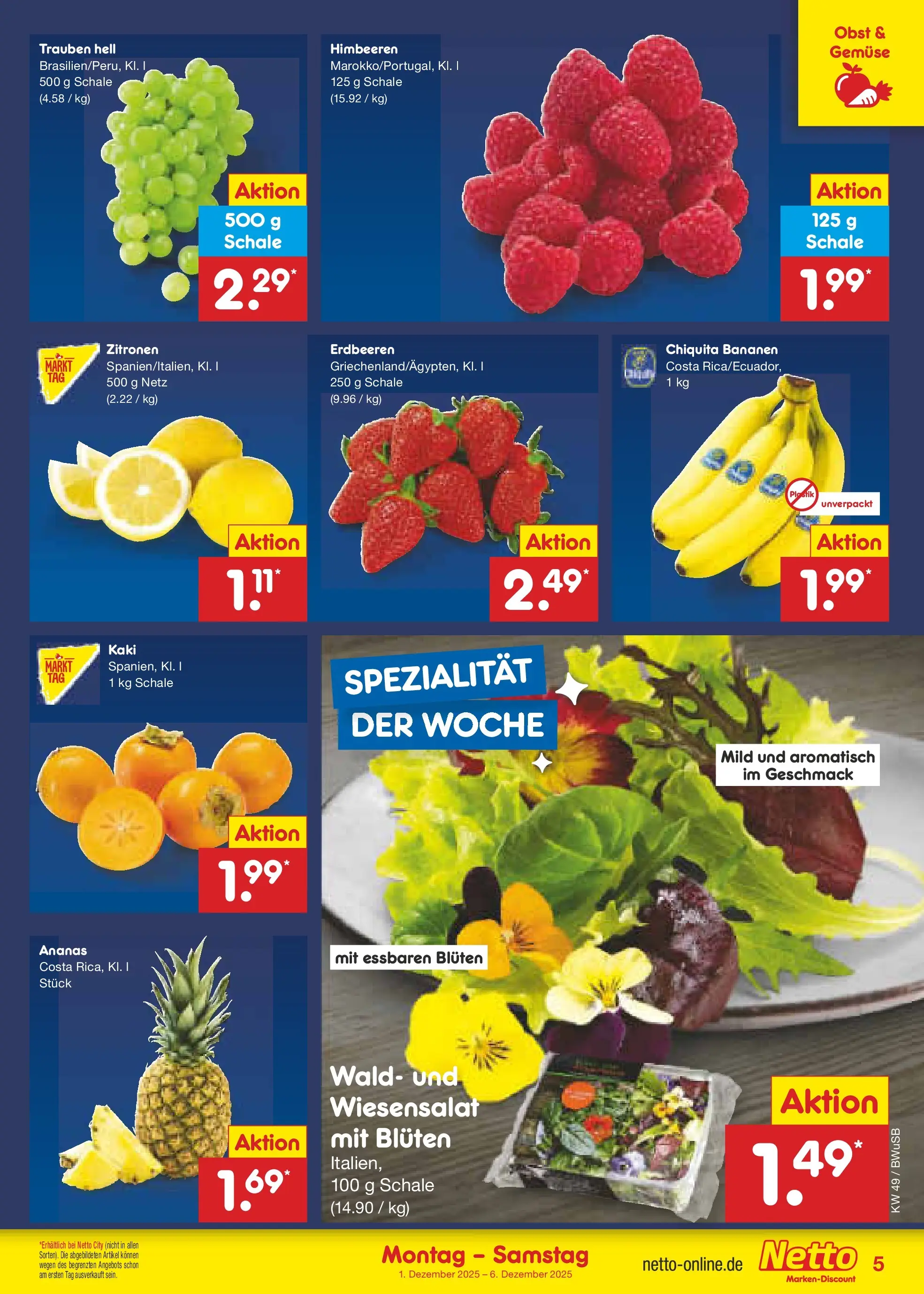 Netto Marken-Discount prospekt Bovenden	 (ab 01.12.2025) » Angebote | Seite: 5 | Produkte: Himbeeren, Bananen, Obst, Zitronen