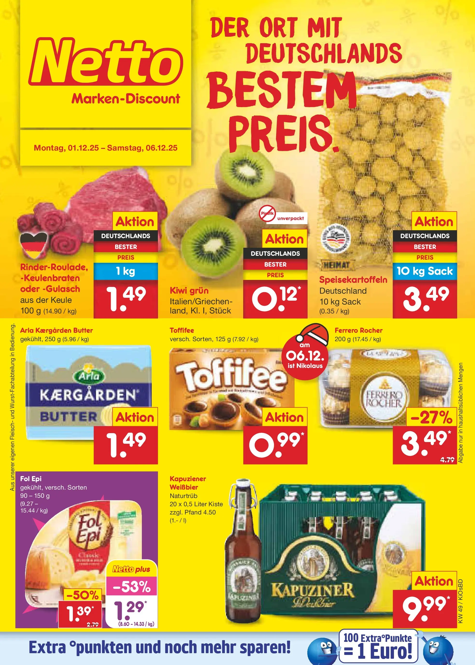 Netto Marken-Discount prospekt Mistelbach	 (ab 01.12.2025) » Angebote | Seite: 1 | Produkte: Ferrero rocher, Butter, Gulasch, Kiwi