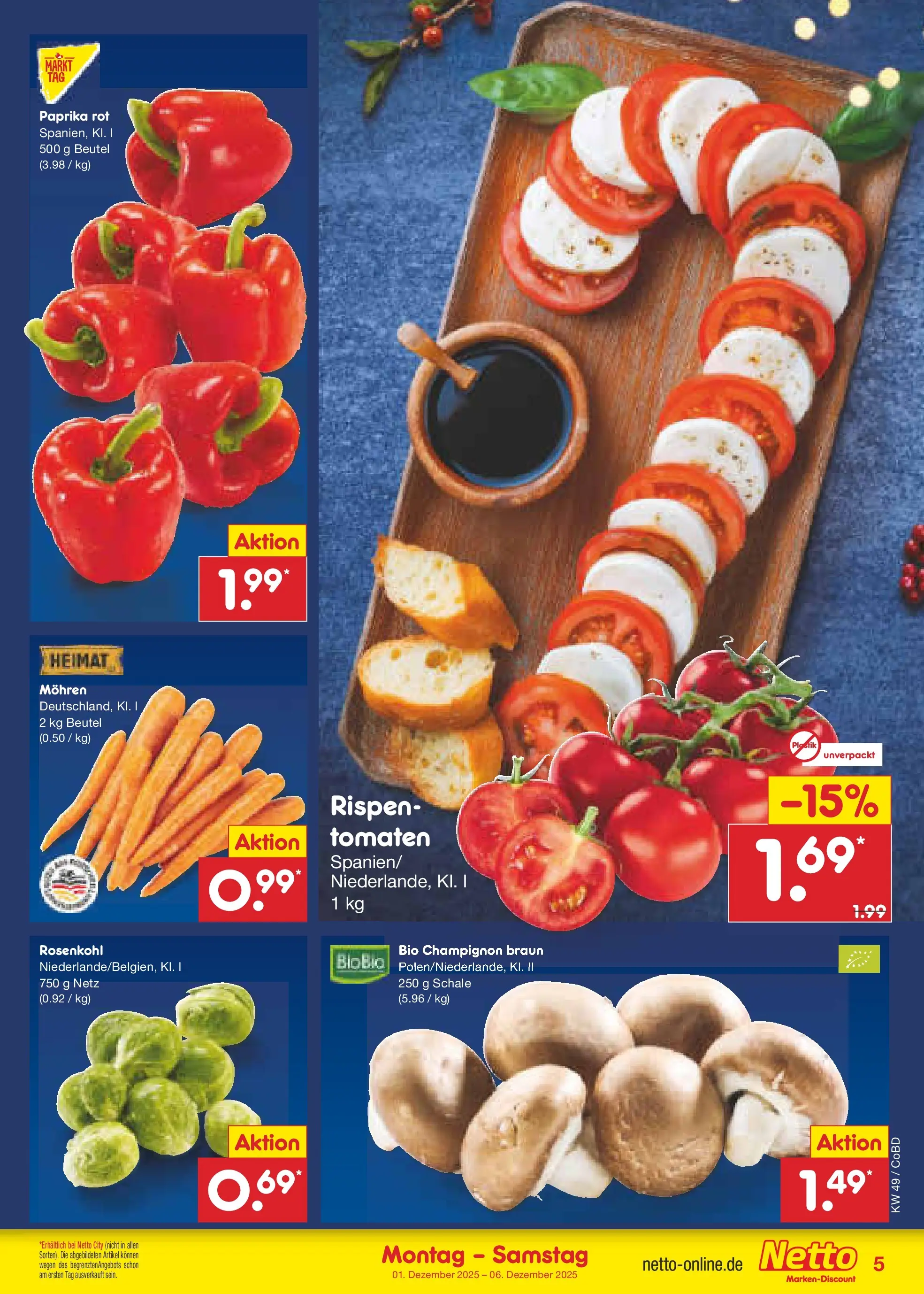 Netto Marken-Discount prospekt Delitzsch	 (ab 01.12.2025) » Angebote | Seite: 5 | Produkte: Paprika rot, Tomaten, Mohren, Paprika