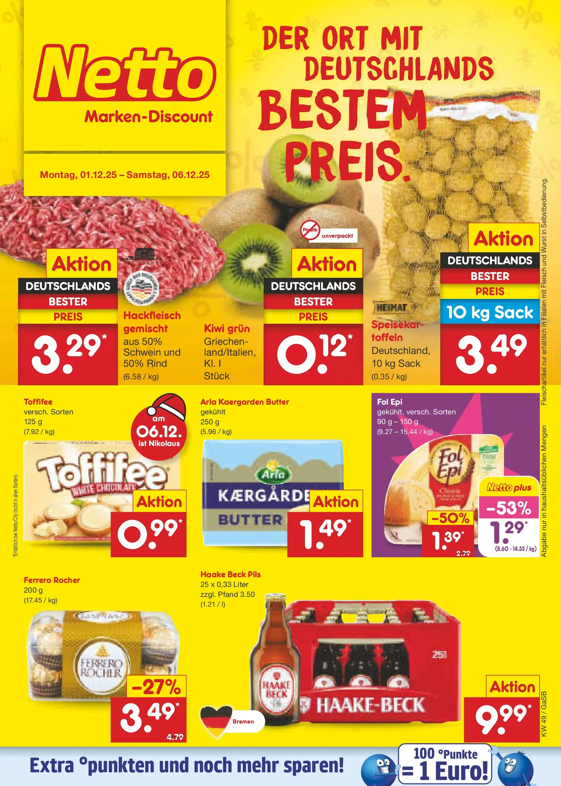 Netto Marken-Discount prospekt Moormerland	 (ab 01.12.2025) » Angebote | Seite: 1 | Produkte: Ferrero rocher, Butter, Toffifee, Hackfleisch