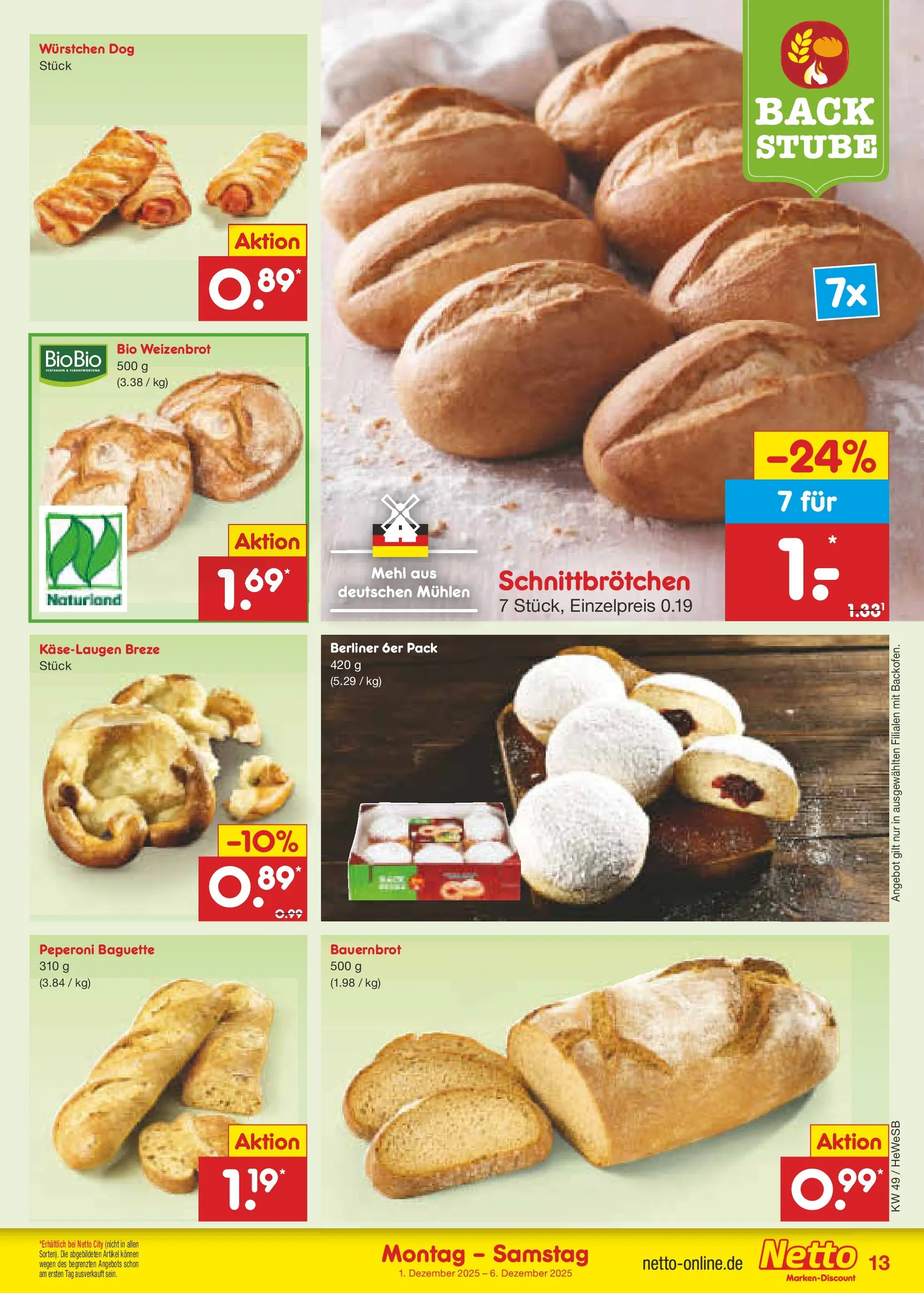 Netto Marken-Discount prospekt Brietlingen	 (ab 01.12.2025) » Angebote | Seite: 13 | Produkte: Berliner, Mehl, Baguette
