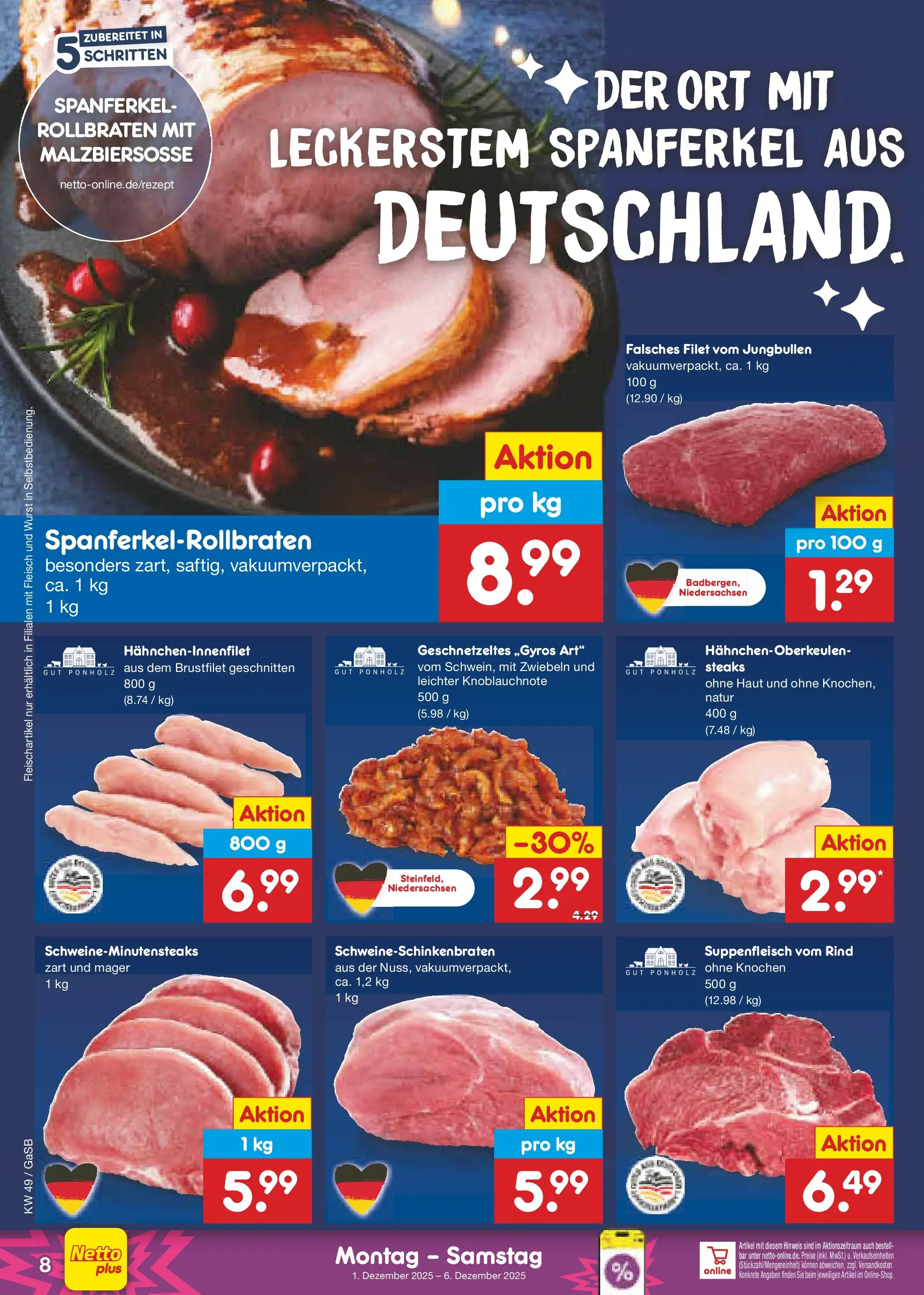 Netto Marken-Discount prospekt Moormerland	 (ab 01.12.2025) » Angebote | Seite: 8 | Produkte: Zwiebeln, Suppenfleisch, Wurst, Fleisch