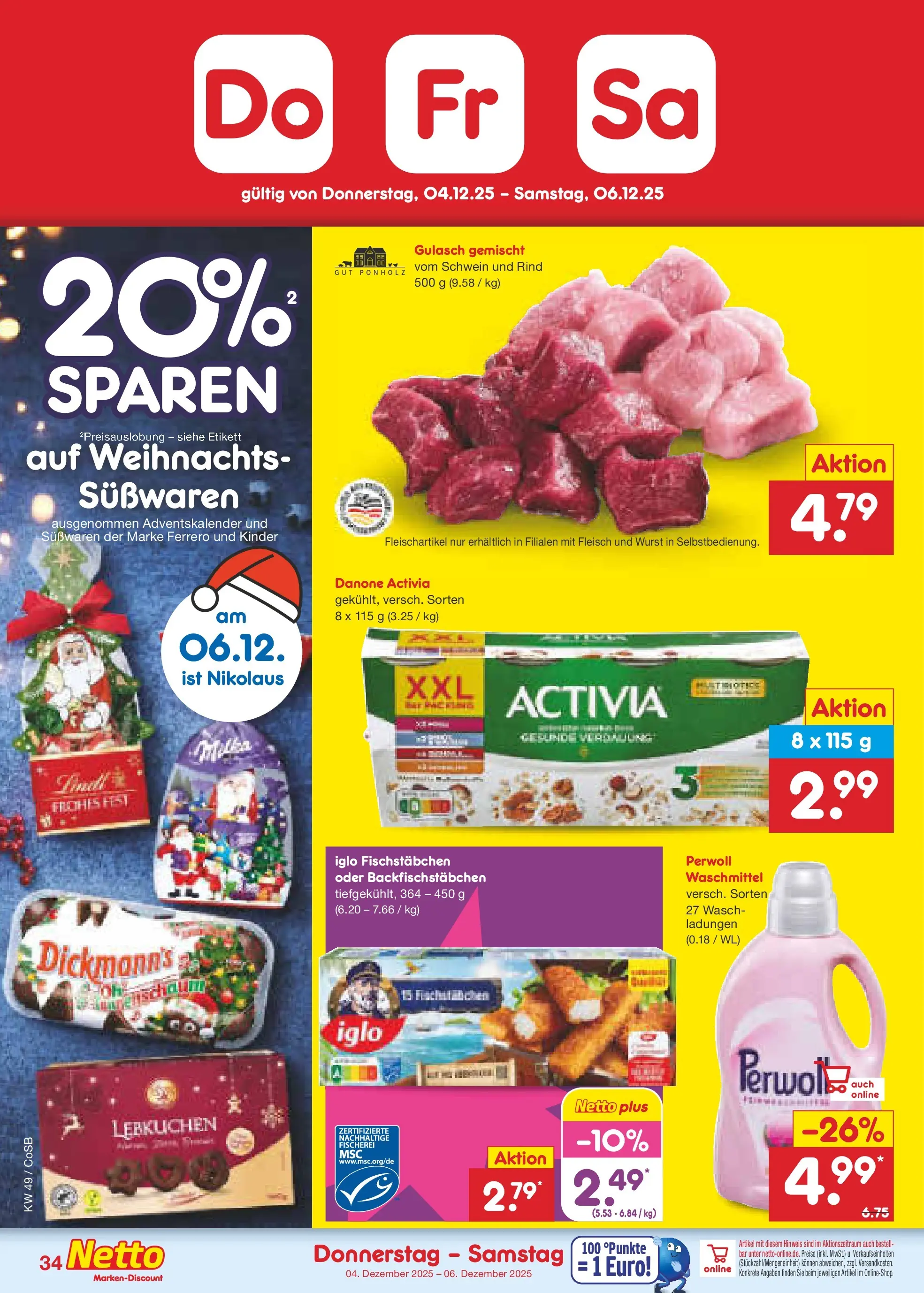 Netto Marken-Discount prospekt Kloster Lehnin	 (ab 01.12.2025) » Angebote | Seite: 36 | Produkte: Activia, Perwoll, Fischstabchen, Gulasch