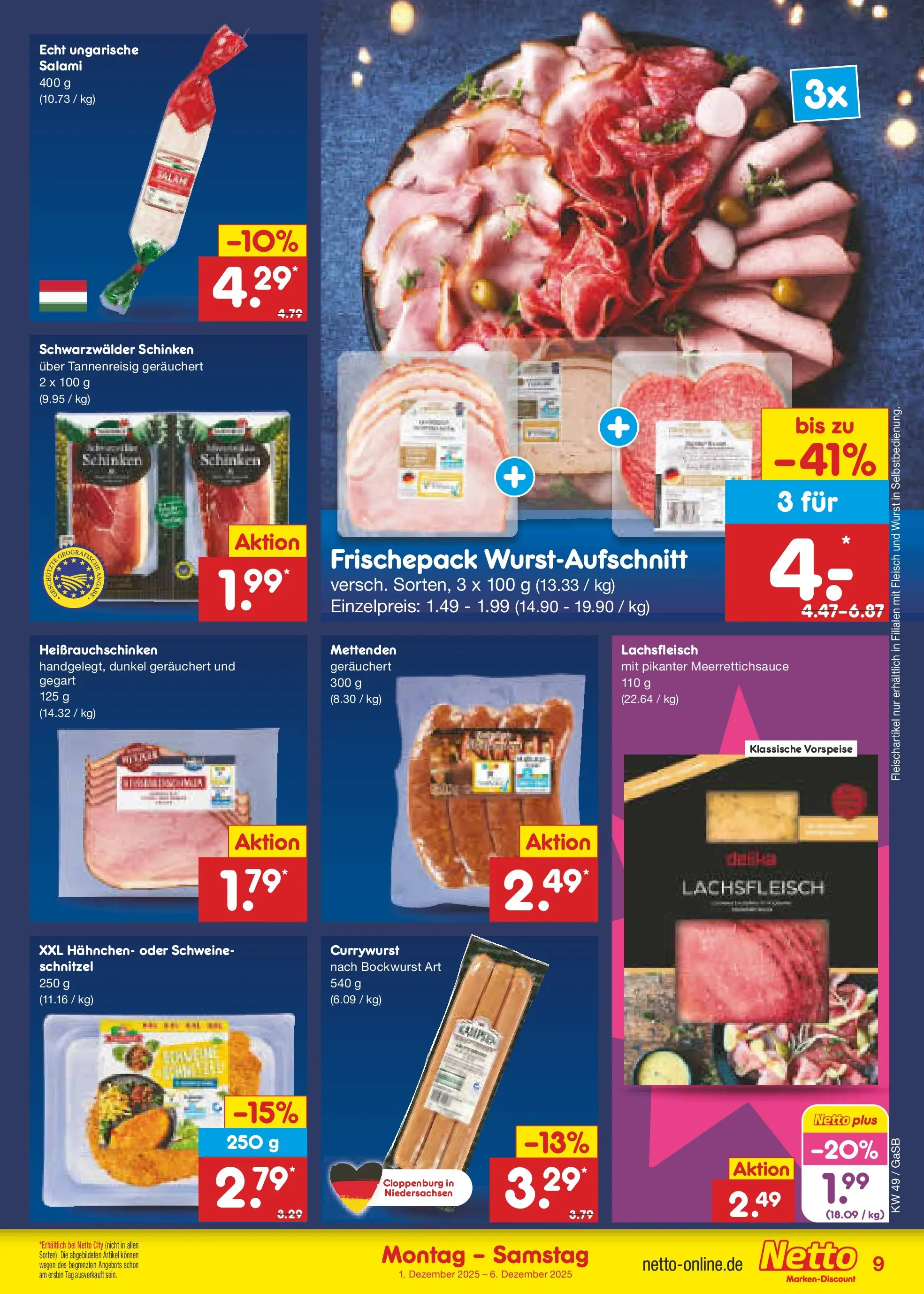 Netto Marken-Discount prospekt Moormerland	 (ab 01.12.2025) » Angebote | Seite: 9 | Produkte: Bockwurst, Hahnchen, Wurst, Salami