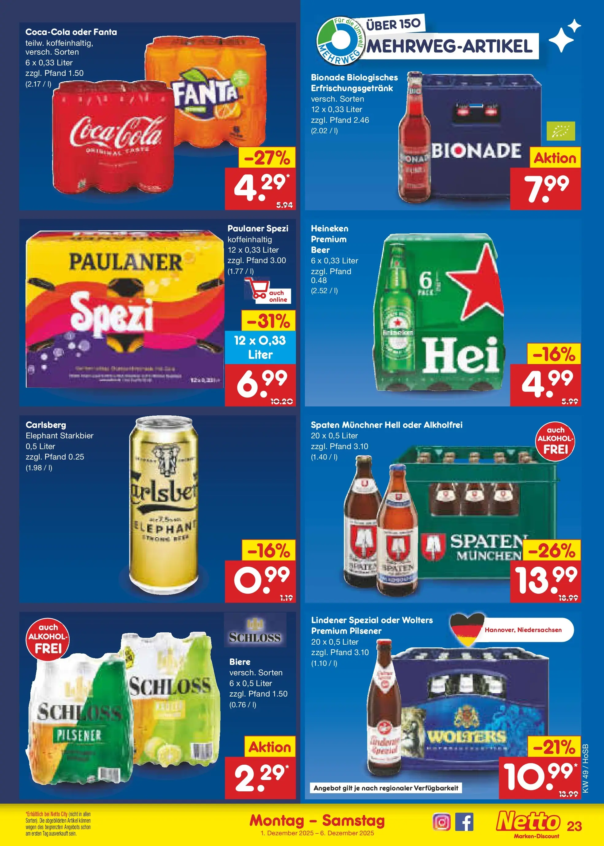 Netto Marken-Discount prospekt Braunschweig-Lamme (ab 01.12.2025) » Angebote | Seite: 25 | Produkte: Coca cola, Carlsberg, Cola, Paulaner spezi Netto Marken-Discount prospekt Braunschweig-Lamme (ab 01.12.2025) » Angebote | Seite: 25 | Produkte: Coca cola, Carlsberg, Cola, Paulaner spezi