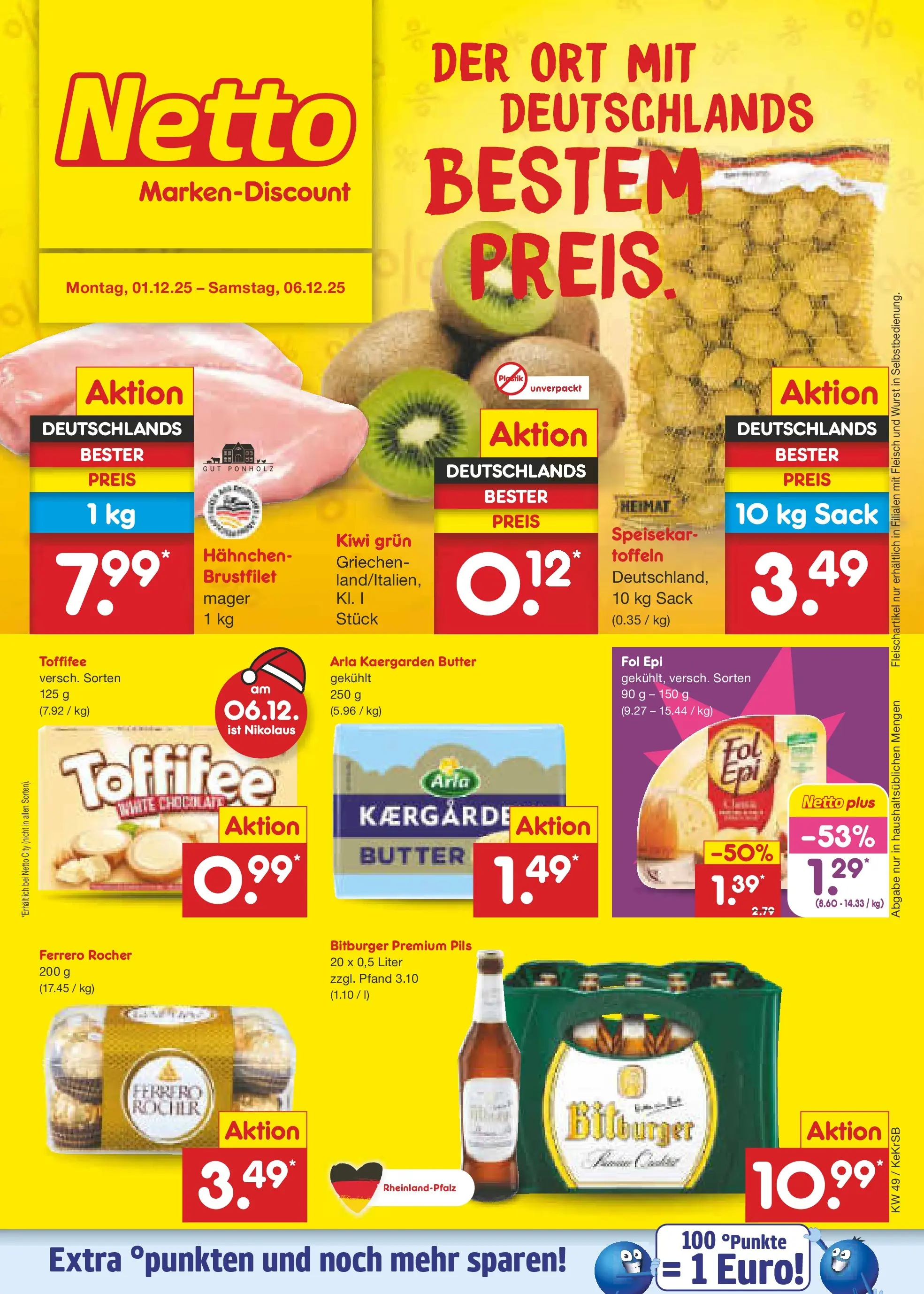 Netto Marken-Discount prospekt Kruft	 (ab 01.12.2025) » Angebote | Seite: 1 | Produkte: Butter, Pils, Toffifee, Kiwi