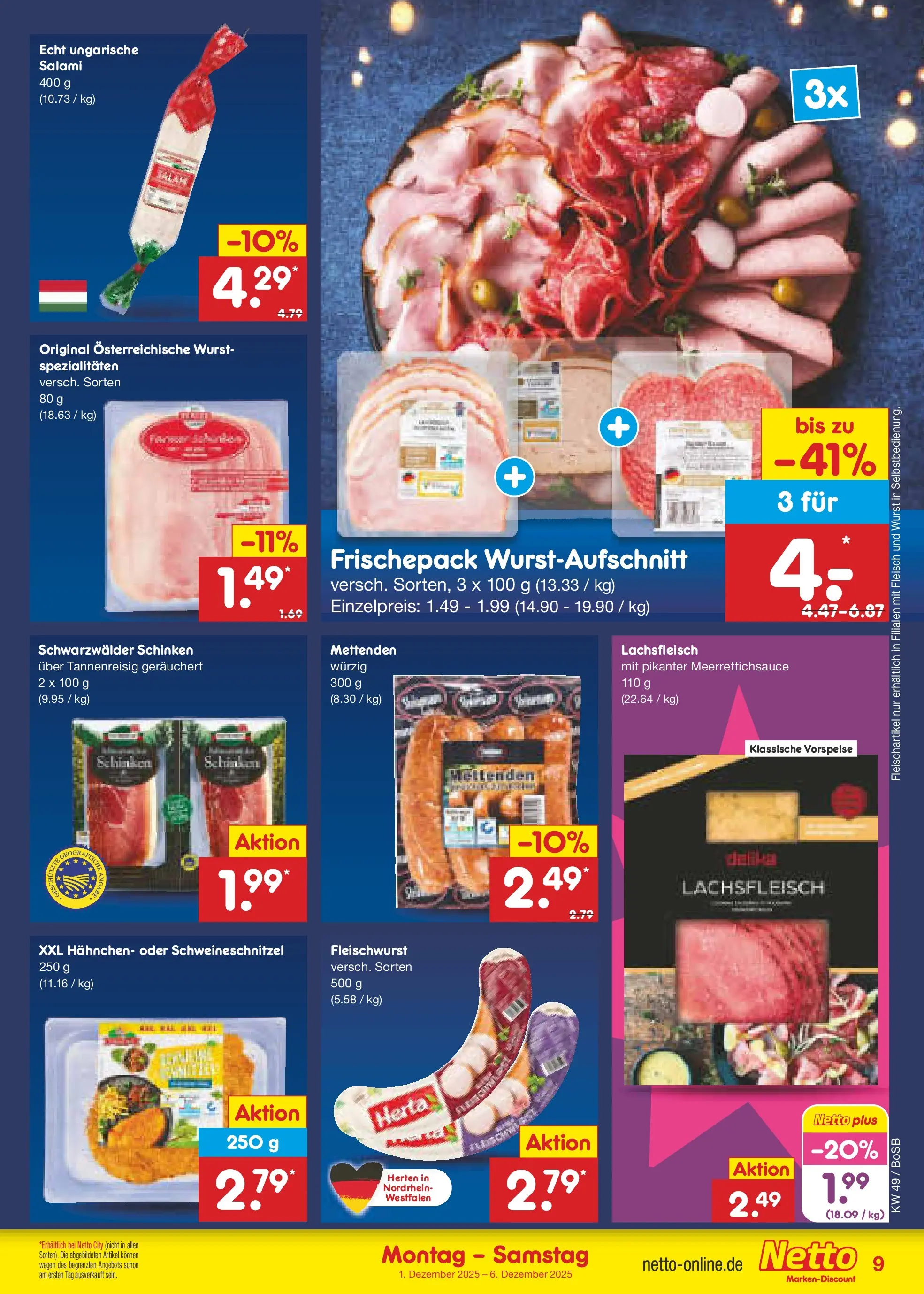 Netto Marken-Discount prospekt Stadtlohn	 (ab 01.12.2025) » Angebote | Seite: 9 | Produkte: Hahnchen, Salami, Schinken, Fleisch