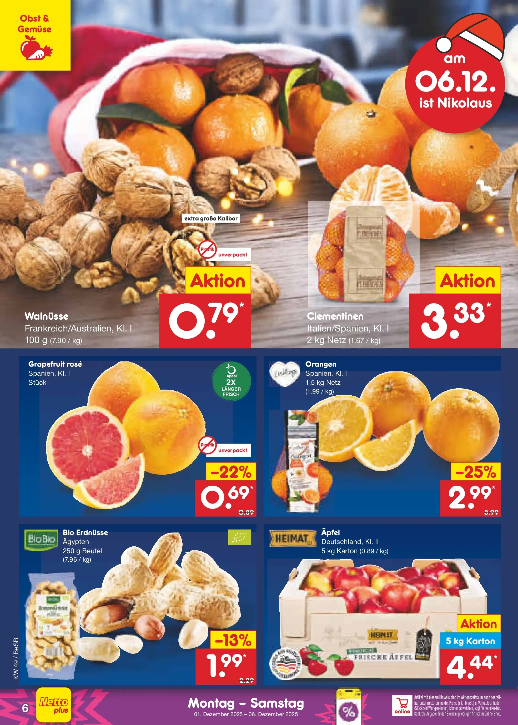 Netto Marken-Discount prospekt Berlin-Spandau	 (ab 01.12.2025) » Angebote | Seite: 6 | Produkte: Erdnüsse, Walnüsse, Gemüse, Obst