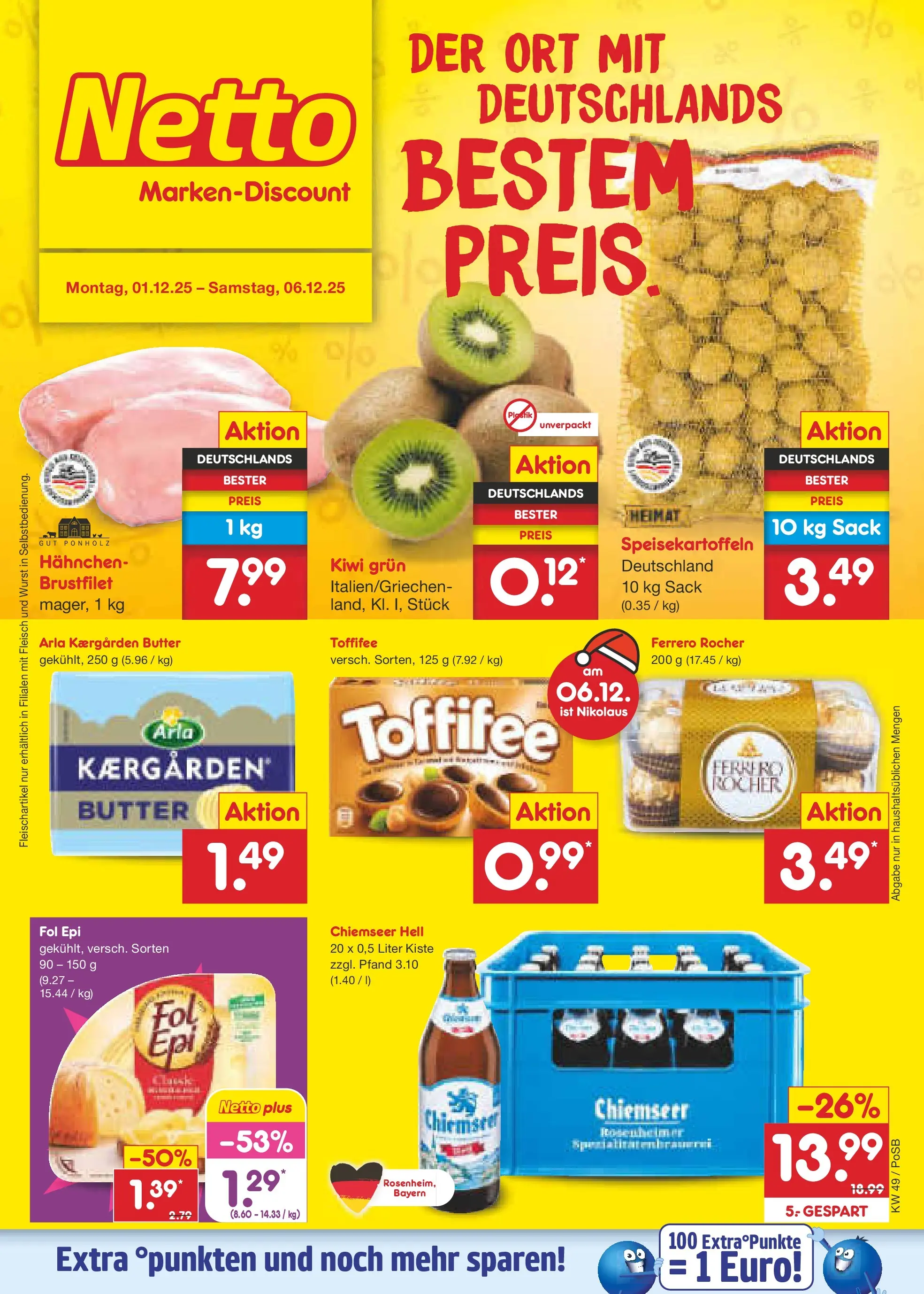 Netto Marken-Discount prospekt Regensburg	 (ab 01.12.2025) » Angebote | Seite: 1 | Produkte: Hahnchen, Ferrero rocher, Butter, Wurst