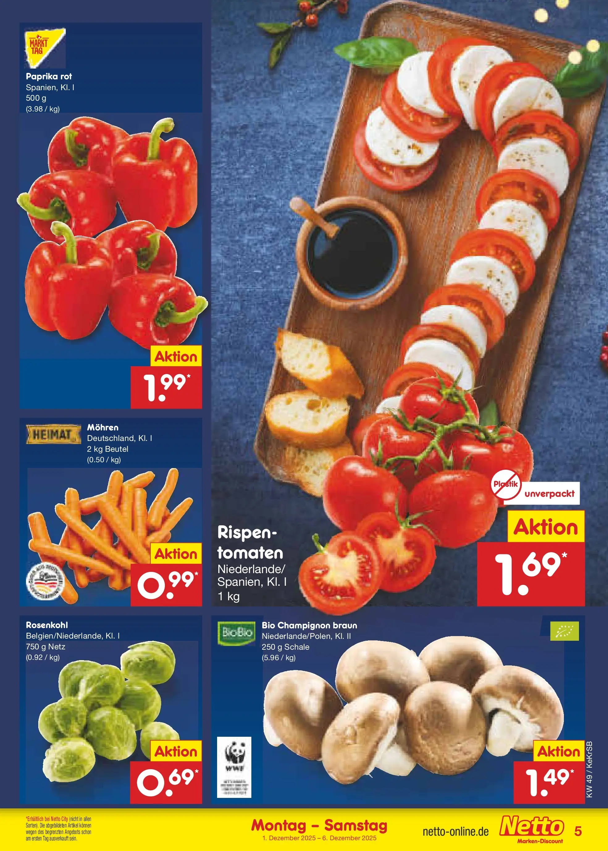 Netto Marken-Discount prospekt Kruft	 (ab 01.12.2025) » Angebote | Seite: 5 | Produkte: Paprika rot, Tomaten, Mohren, Paprika