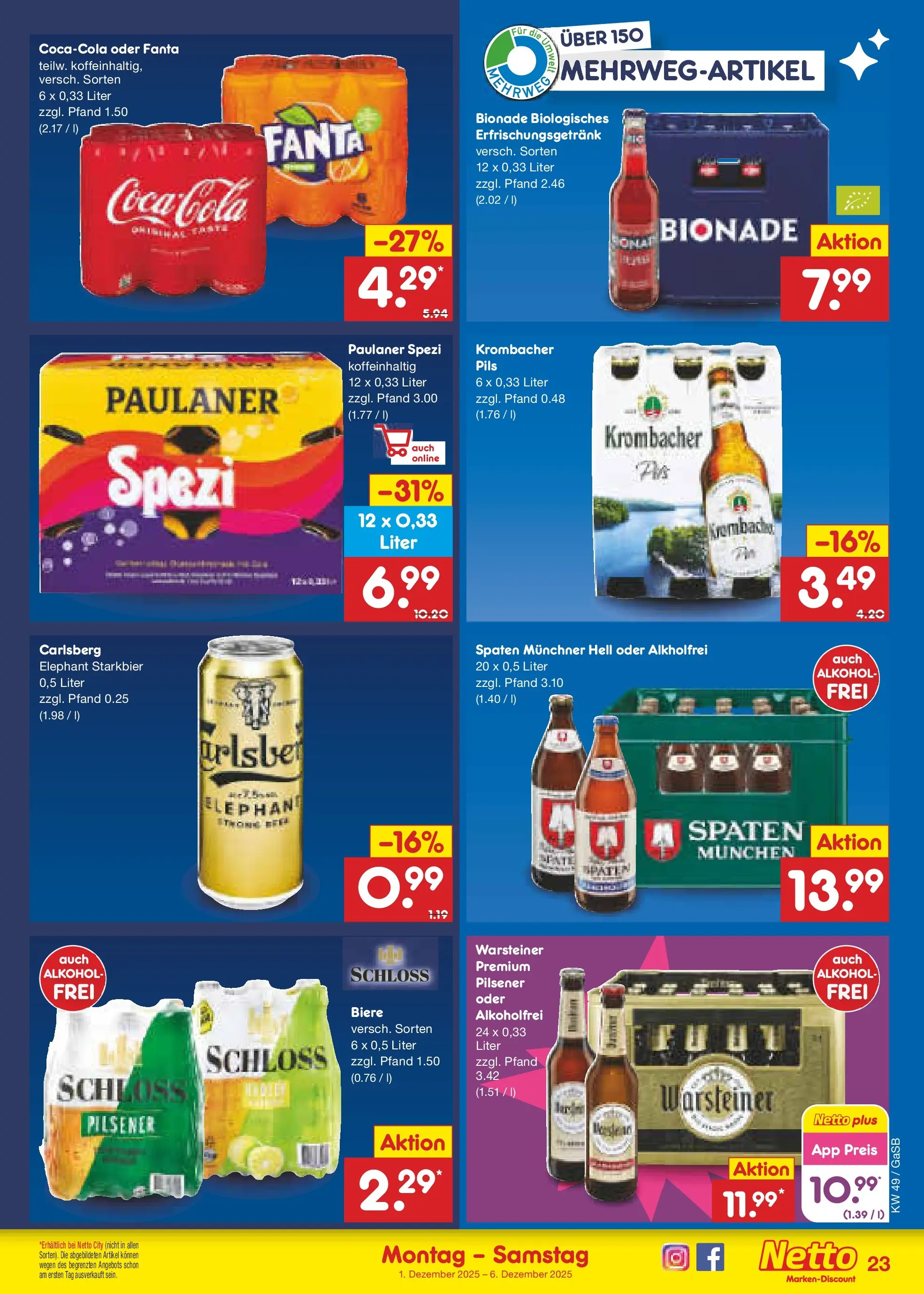 Netto Marken-Discount prospekt Moormerland	 (ab 01.12.2025) » Angebote | Seite: 25 | Produkte: Fanta, Cola, Bionade, Paulaner