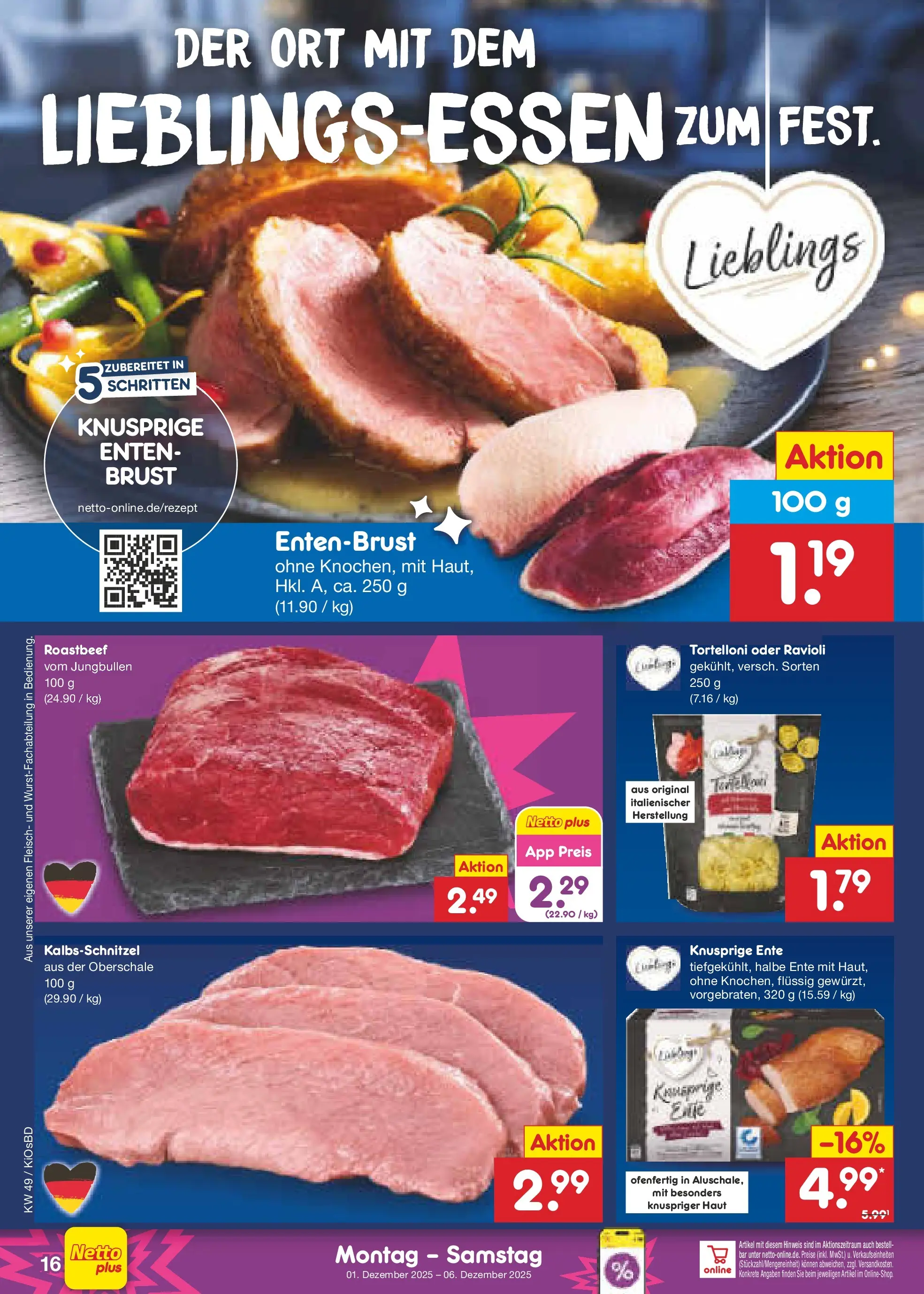 Netto Marken-Discount prospekt Mistelbach	 (ab 01.12.2025) » Angebote | Seite: 18 | Produkte: Roastbeef, Fleisch, Ente
