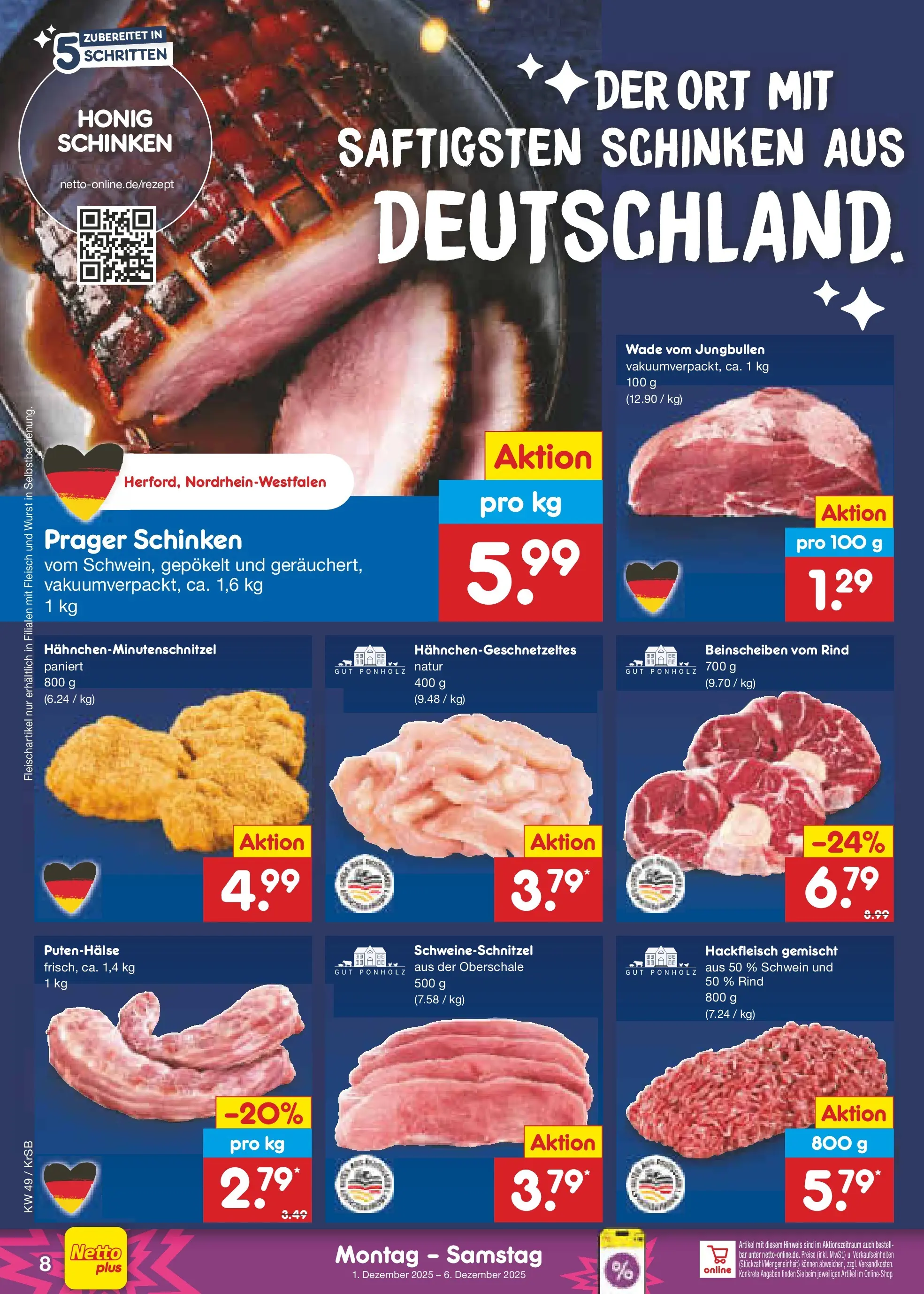 Netto Marken-Discount prospekt Jüchen	 (ab 01.12.2025) » Angebote | Seite: 8 | Produkte: Wurst, Schinken, Fleisch, Hackfleisch