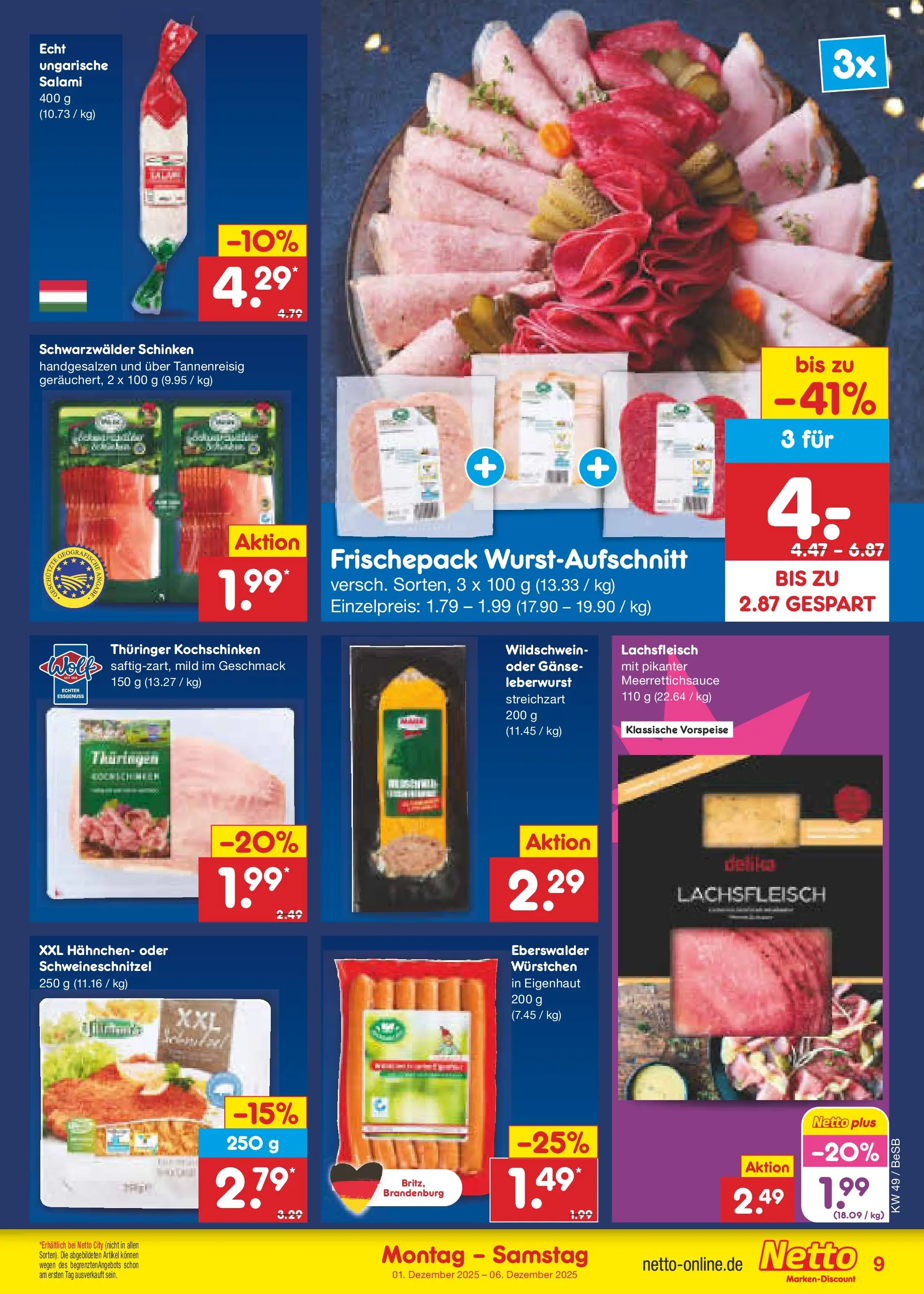 Netto Marken-Discount prospekt Berlin-Spandau	 (ab 01.12.2025) » Angebote | Seite: 9 | Produkte: Hahnchen, Salami, Schinken