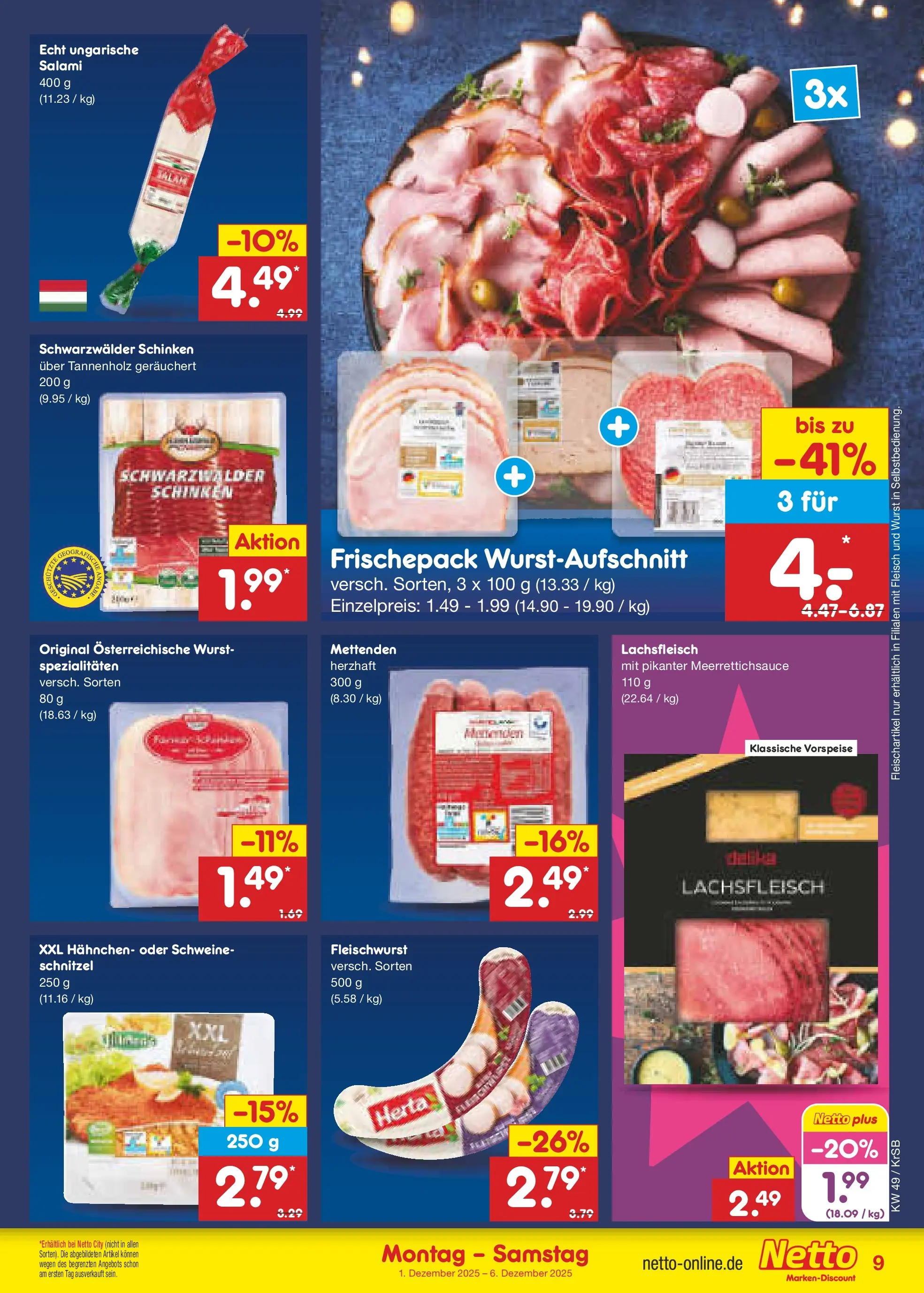 Netto Marken-Discount prospekt Jüchen	 (ab 01.12.2025) » Angebote | Seite: 9 | Produkte: Hahnchen, Wurst, Salami, Schinken