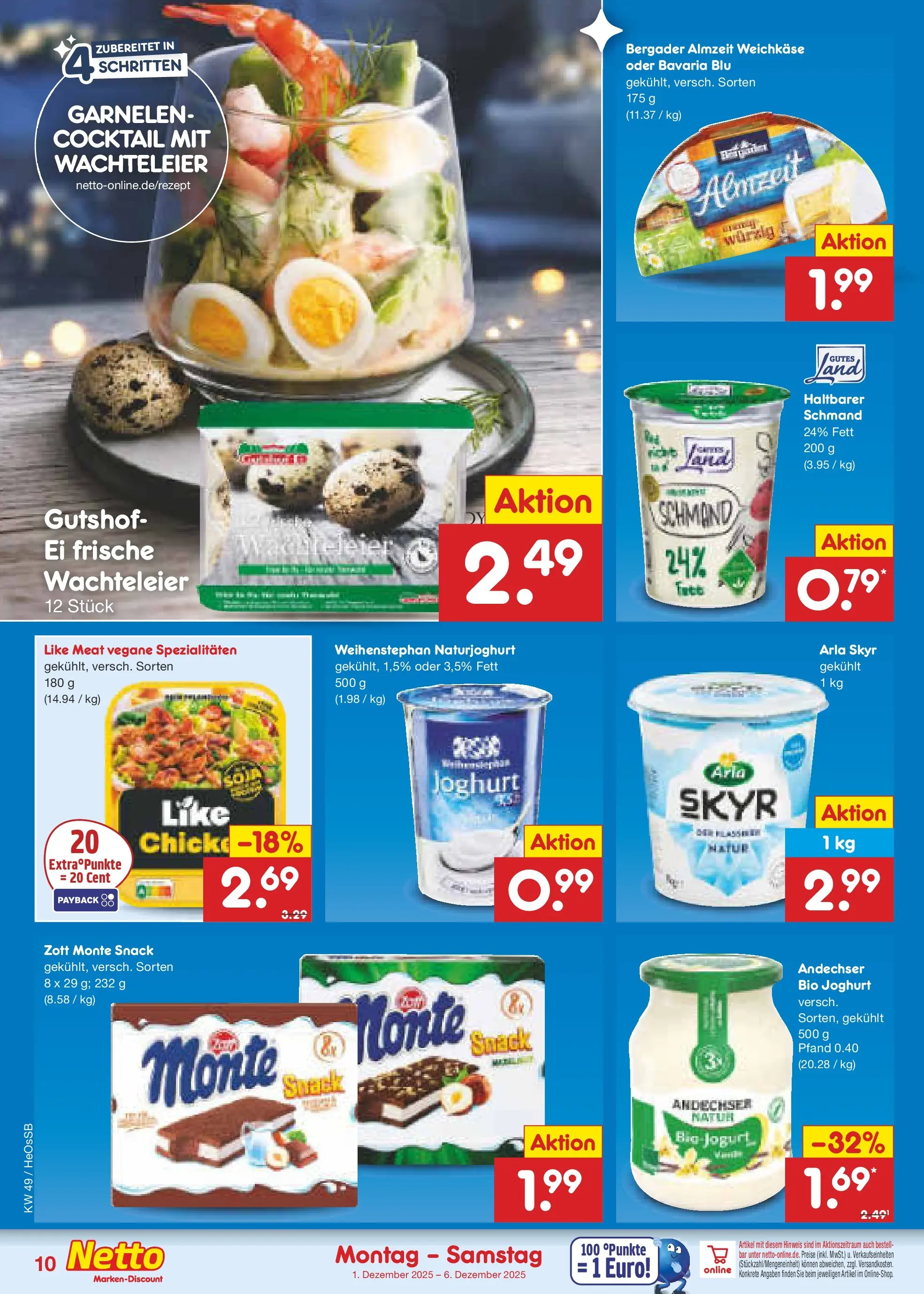 Netto Marken-Discount prospekt Kröpelin	 (ab 01.12.2025) » Angebote | Seite: 10 | Produkte: Joghurt, Garnelen, Arla skyr, Like meat
