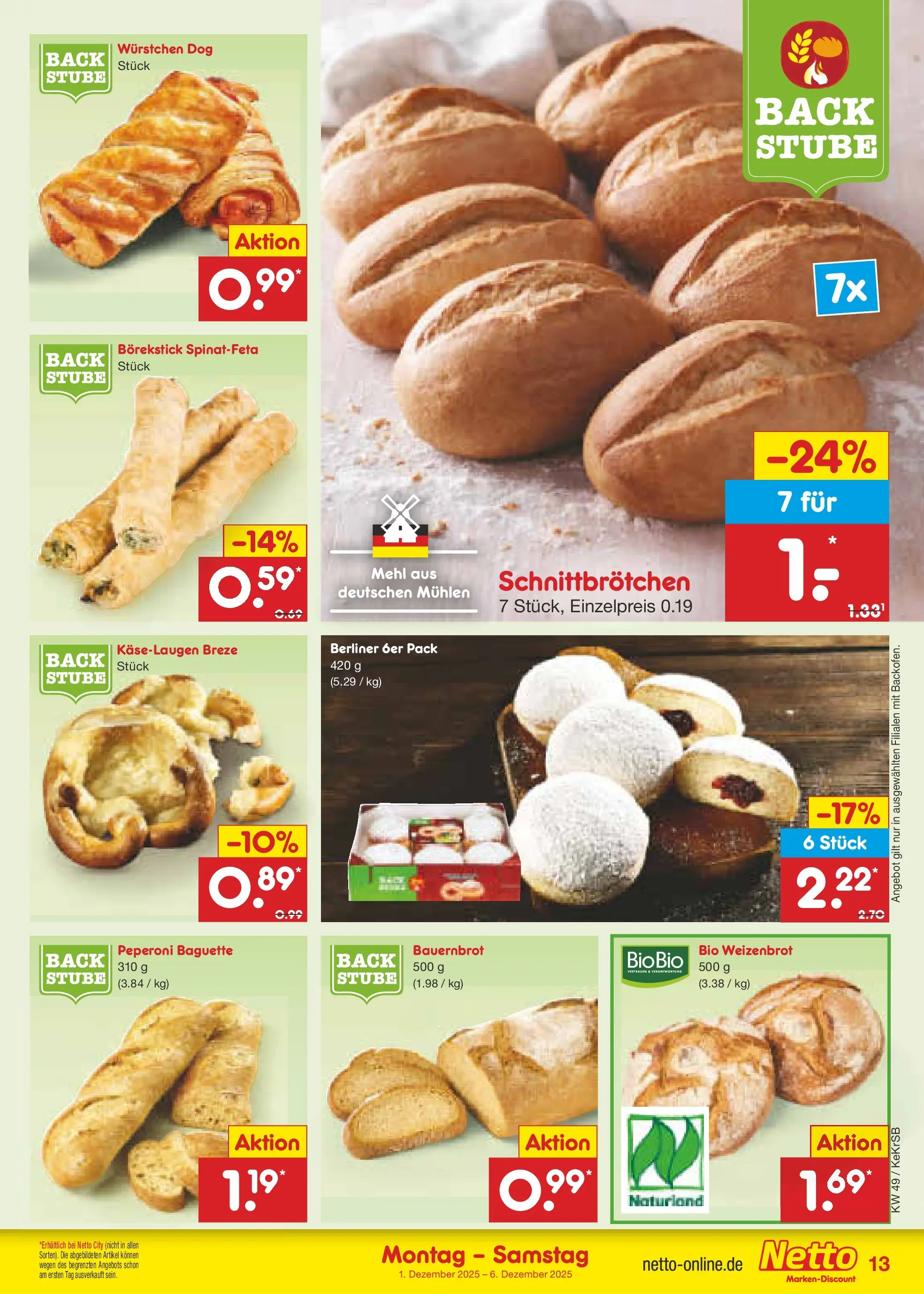 Netto Marken-Discount prospekt Kruft	 (ab 01.12.2025) » Angebote | Seite: 13 | Produkte: Berliner, Mehl, Baguette