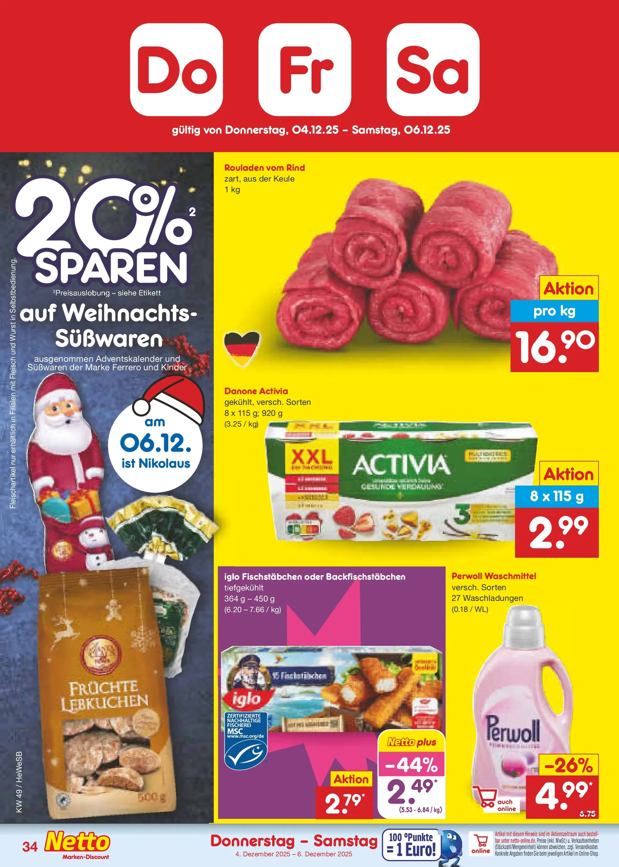 Netto Marken-Discount prospekt Brietlingen	 (ab 01.12.2025) » Angebote | Seite: 36 | Produkte: Activia, Fischstabchen, Waschmittel, Fleisch