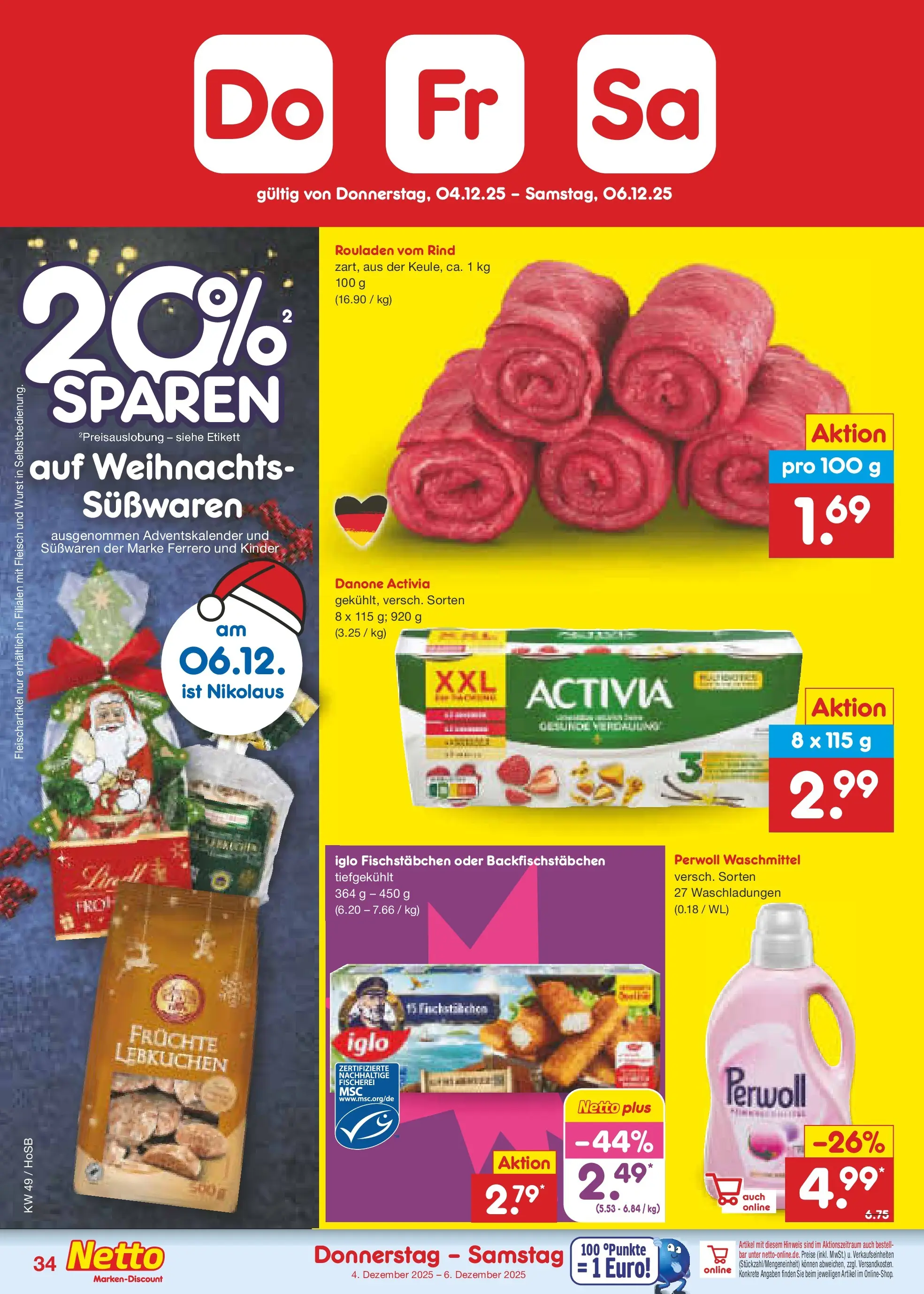 Netto Marken-Discount prospekt Braunschweig-Lamme (ab 01.12.2025) » Angebote | Seite: 36 | Produkte: Activia, Danone activia, Fischstabchen, Wurst Netto Marken-Discount prospekt Braunschweig-Lamme (ab 01.12.2025) » Angebote | Seite: 36 | Produkte: Activia, Danone activia, Fischstabchen, Wurst