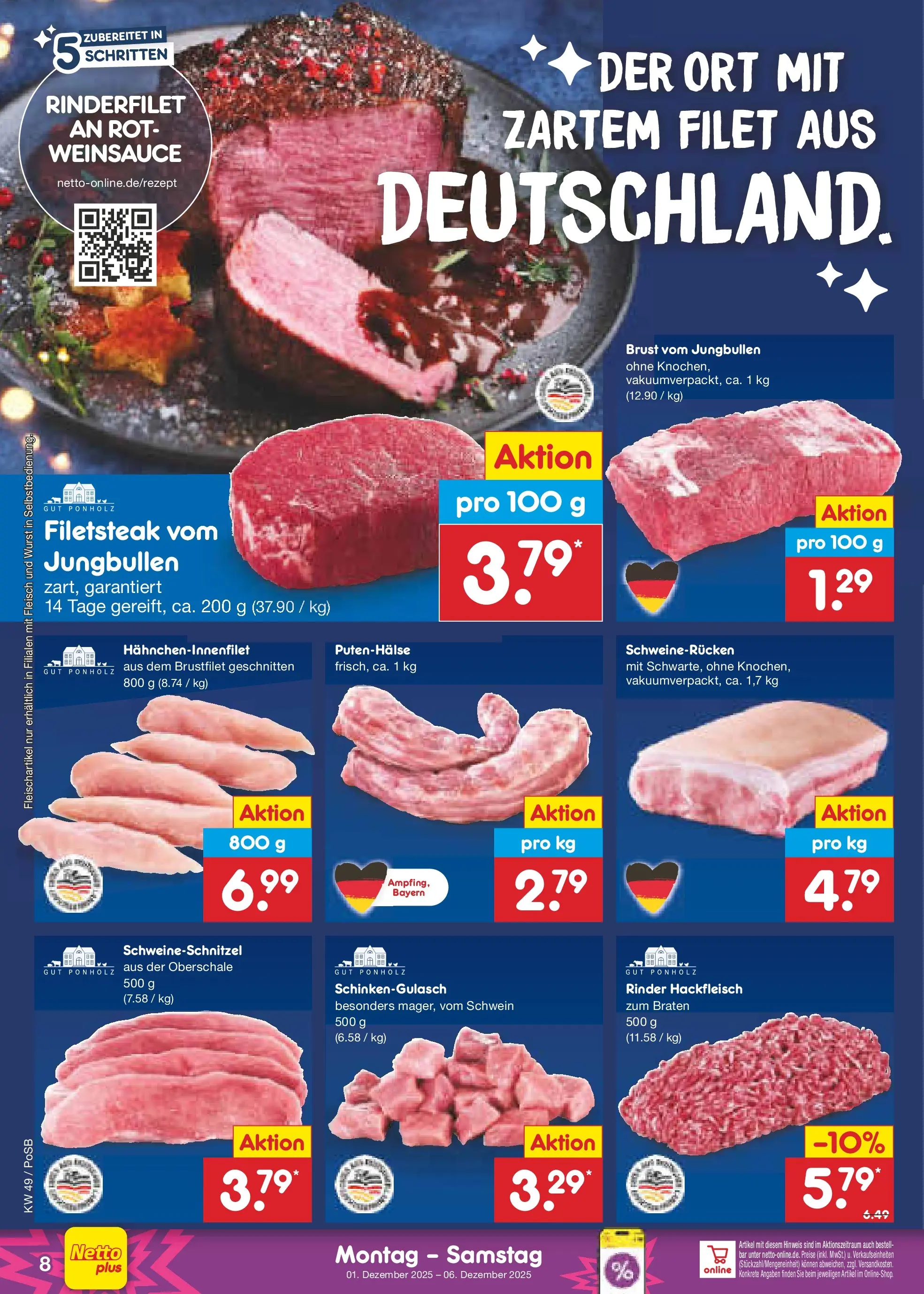Netto Marken-Discount prospekt Regensburg	 (ab 01.12.2025) » Angebote | Seite: 8 | Produkte: Rinderfilet, Wurst, Schweinerucken, Fleisch