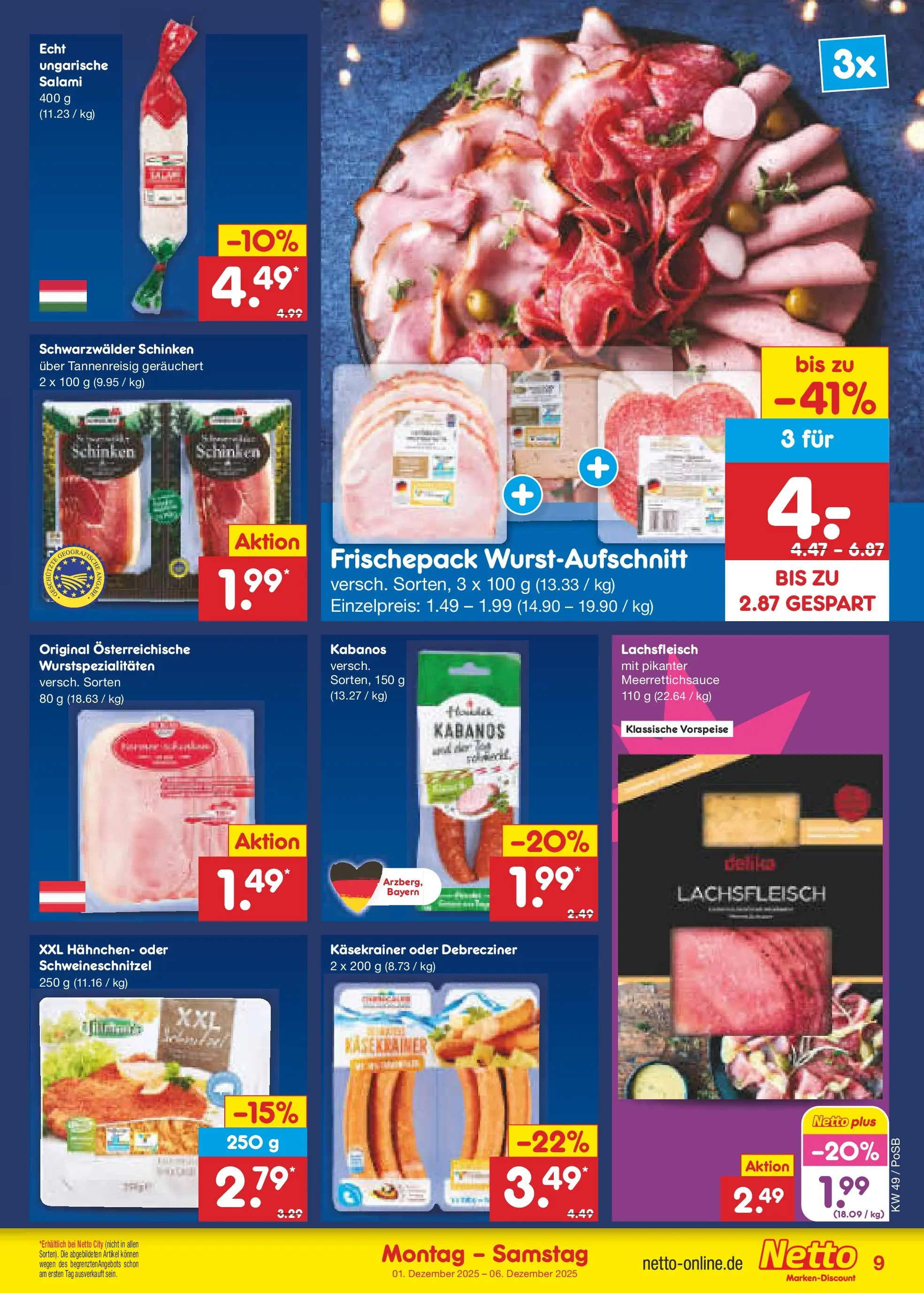 Netto Marken-Discount prospekt Regensburg	 (ab 01.12.2025) » Angebote | Seite: 9 | Produkte: Hahnchen, Käsekrainer, Salami, Schinken