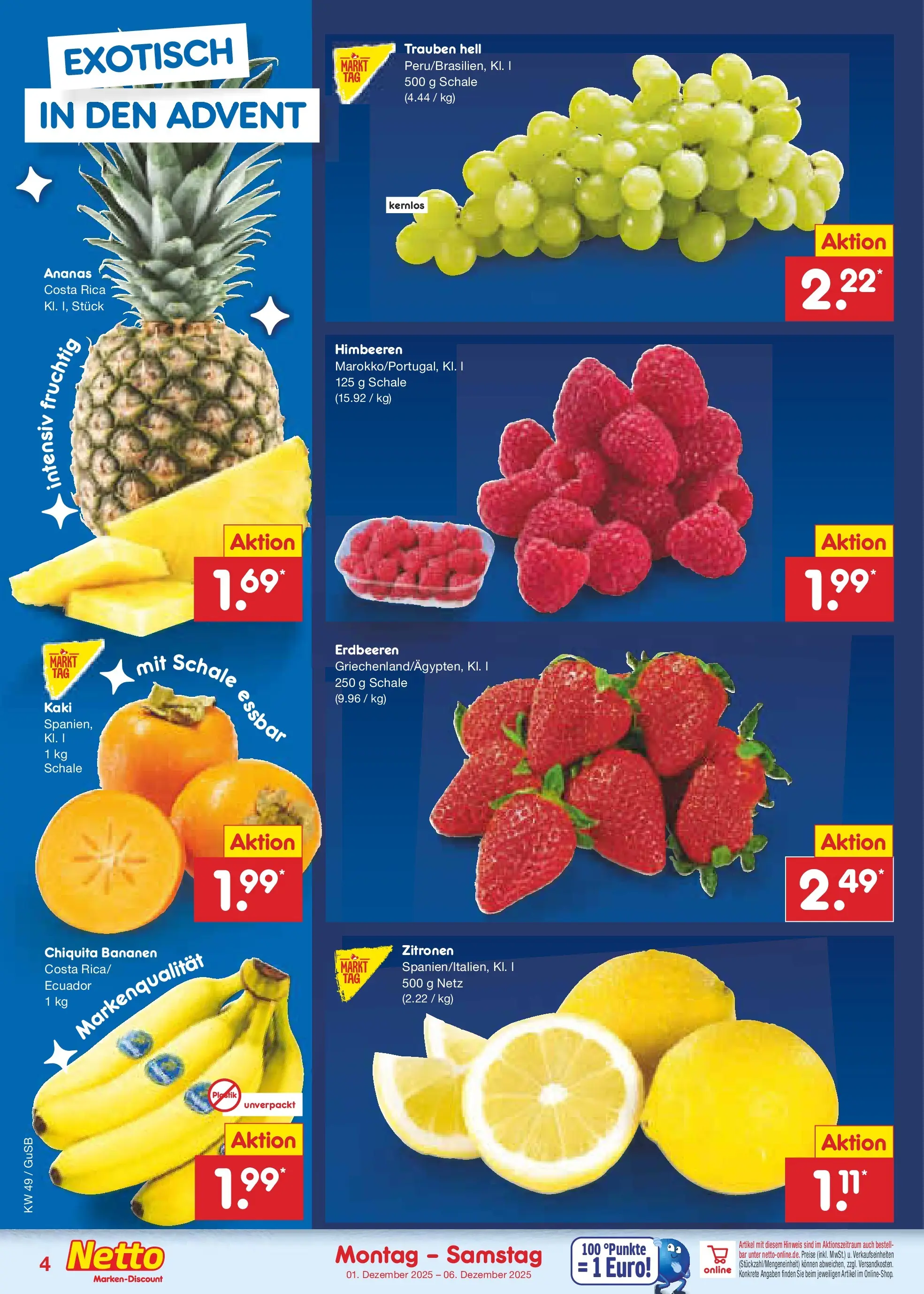 Netto Marken-Discount prospekt Machern	 (ab 30.11.2025) » Angebote | Seite: 4 | Produkte: Trauben, Bananen, Kaki, Zitronen