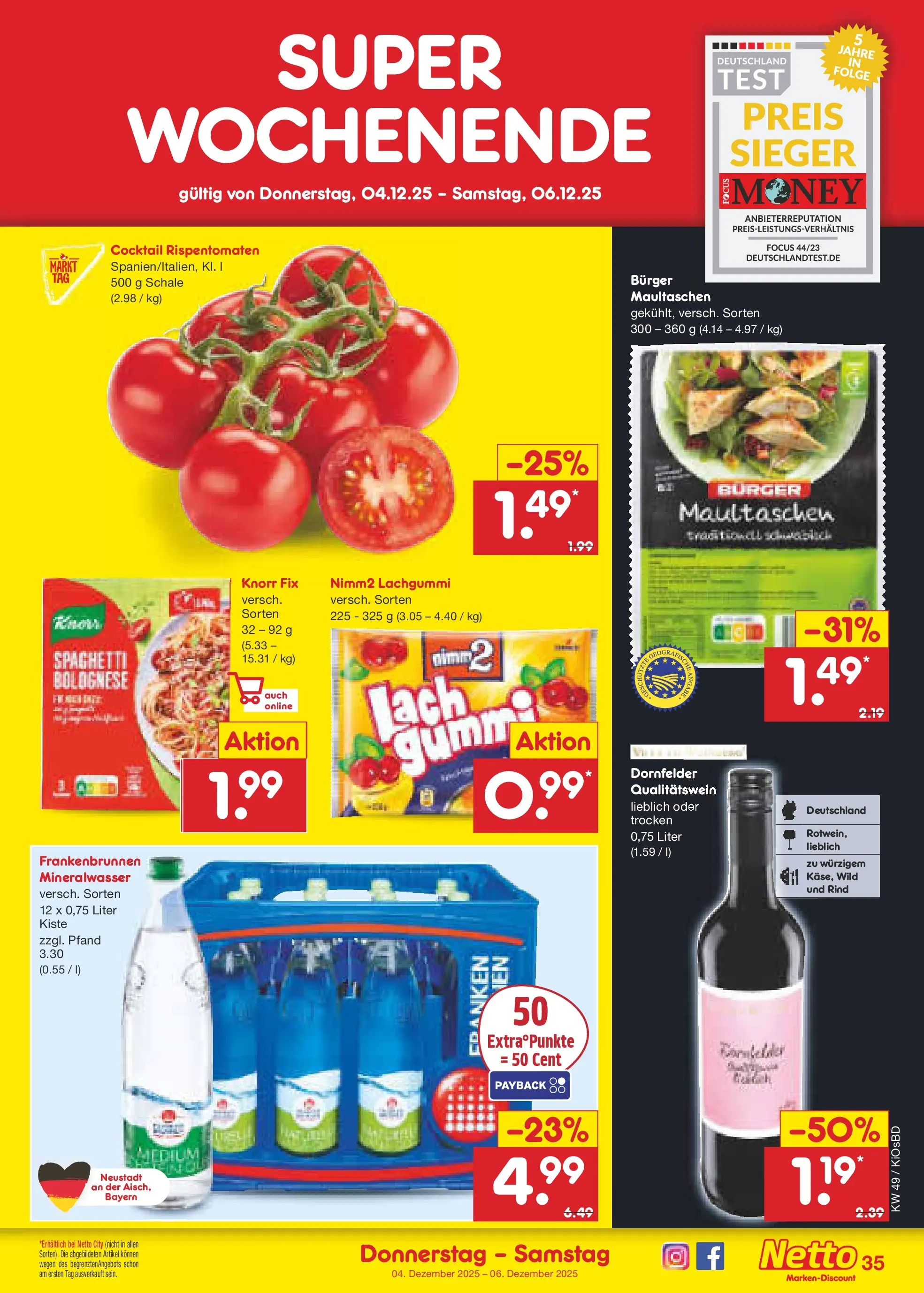 Netto Marken-Discount prospekt Mistelbach	 (ab 01.12.2025) » Angebote | Seite: 37 | Produkte: Knorr fix, Burger, Mineralwasser, Maultaschen