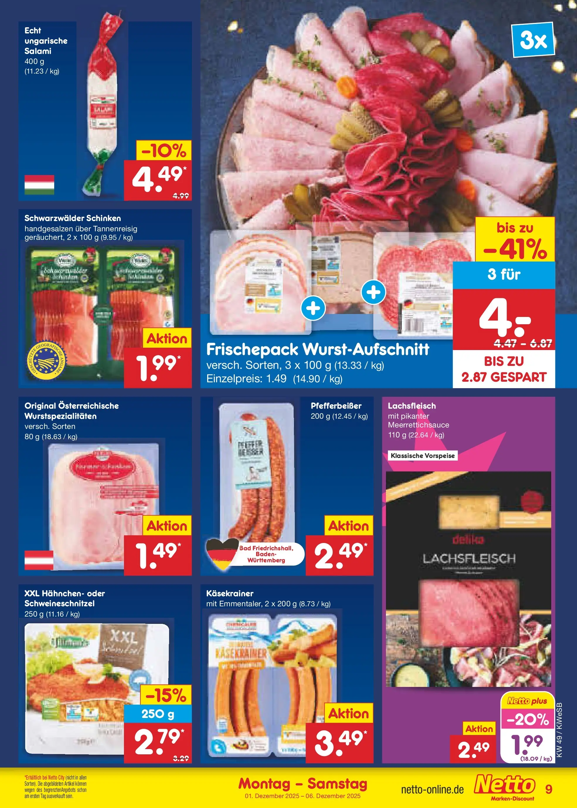 Netto Marken-Discount prospekt Bad Friedrichshall	 (ab 01.12.2025) » Angebote | Seite: 9 | Produkte: Hahnchen, Bad, Salami, Schinken