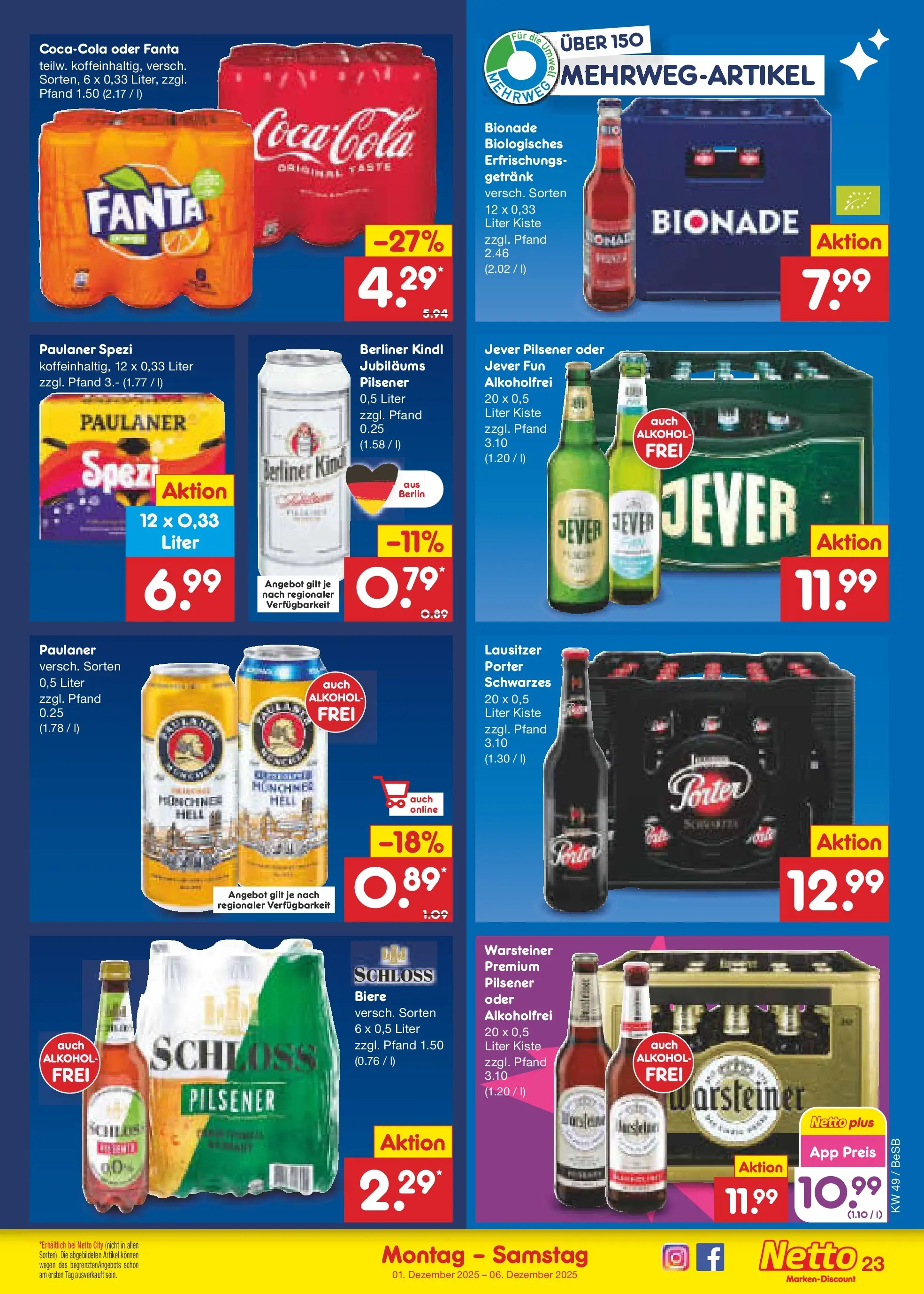 Netto Marken-Discount prospekt Berlin-Spandau	 (ab 01.12.2025) » Angebote | Seite: 25 | Produkte: Berliner, Paulaner spezi, Bionade, Warsteiner