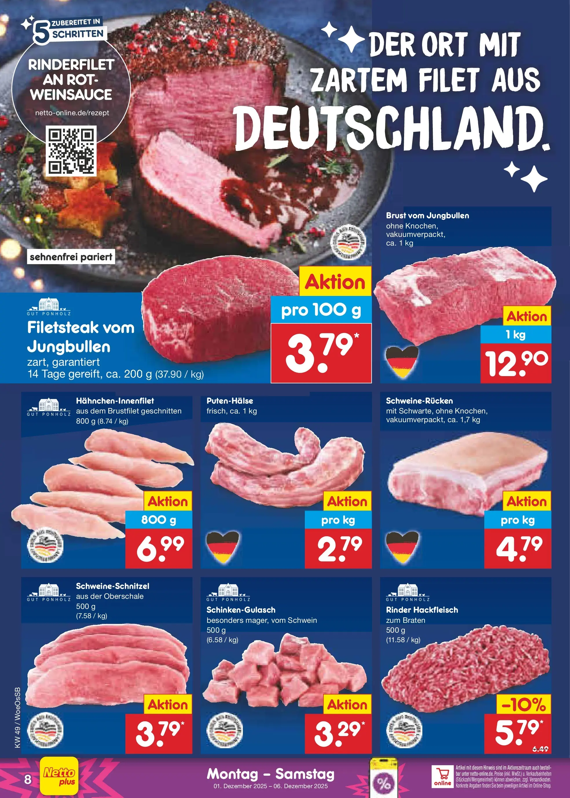 Netto Marken-Discount prospekt Gemmingen	 (ab 30.11.2025) » Angebote | Seite: 8 | Produkte: Rinderfilet, Schweinerucken, Hackfleisch