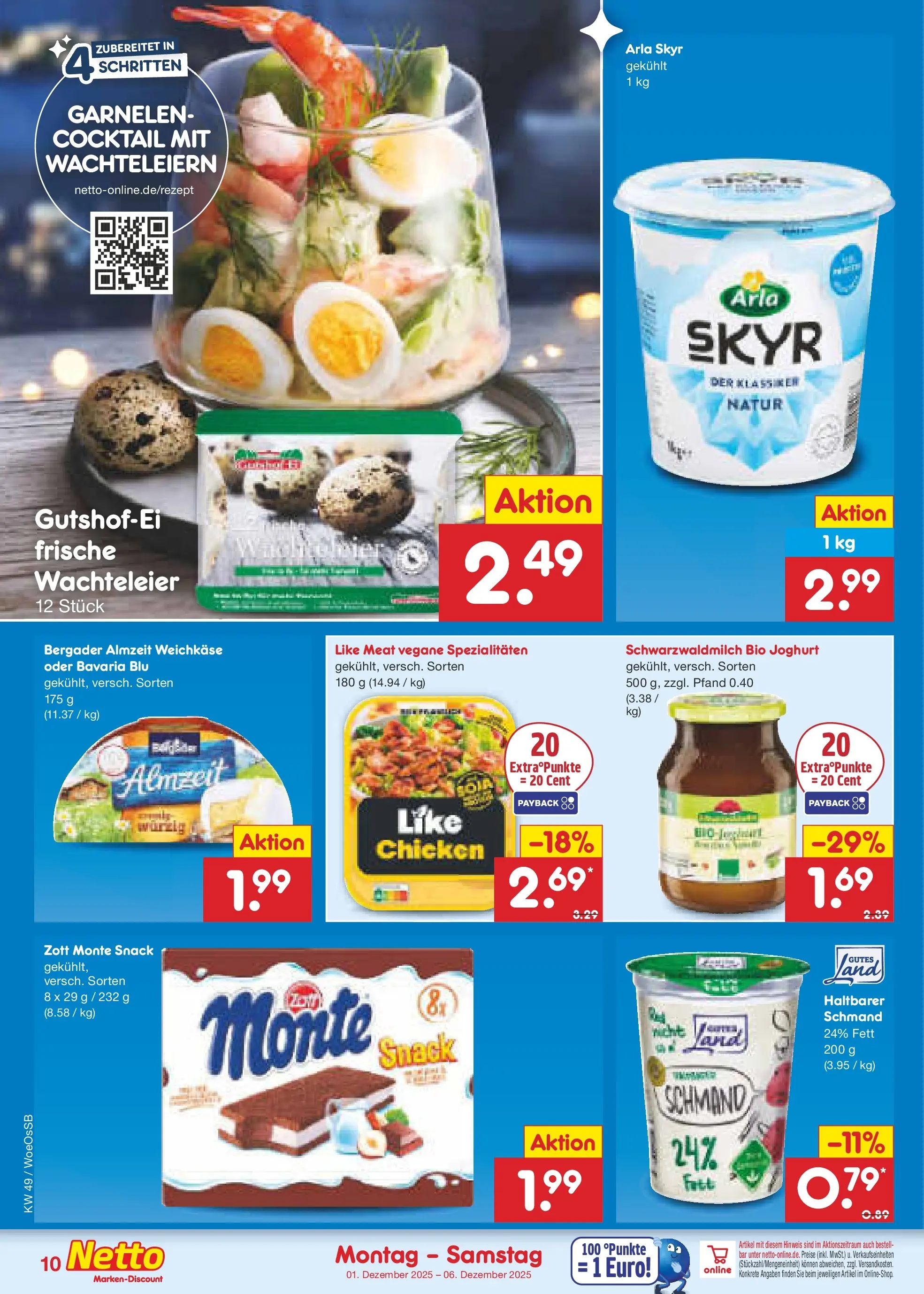 Netto Marken-Discount prospekt Gemmingen	 (ab 30.11.2025) » Angebote | Seite: 10 | Produkte: Joghurt, Garnelen, Arla skyr, Like meat