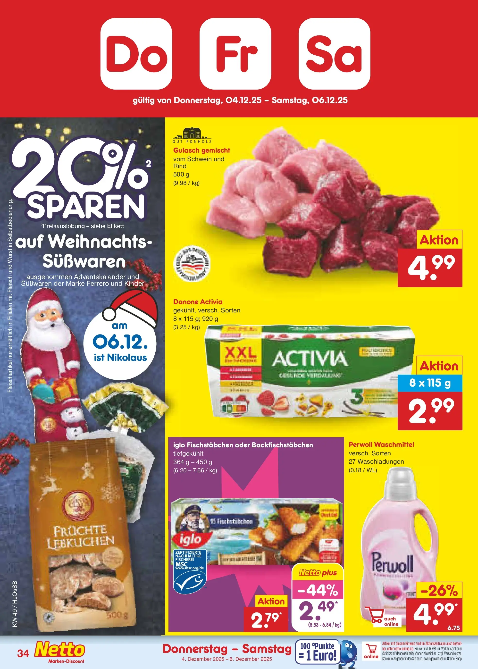 Netto Marken-Discount prospekt Kröpelin	 (ab 01.12.2025) » Angebote | Seite: 36 | Produkte: Activia, Perwoll, Waschmittel, Fleisch