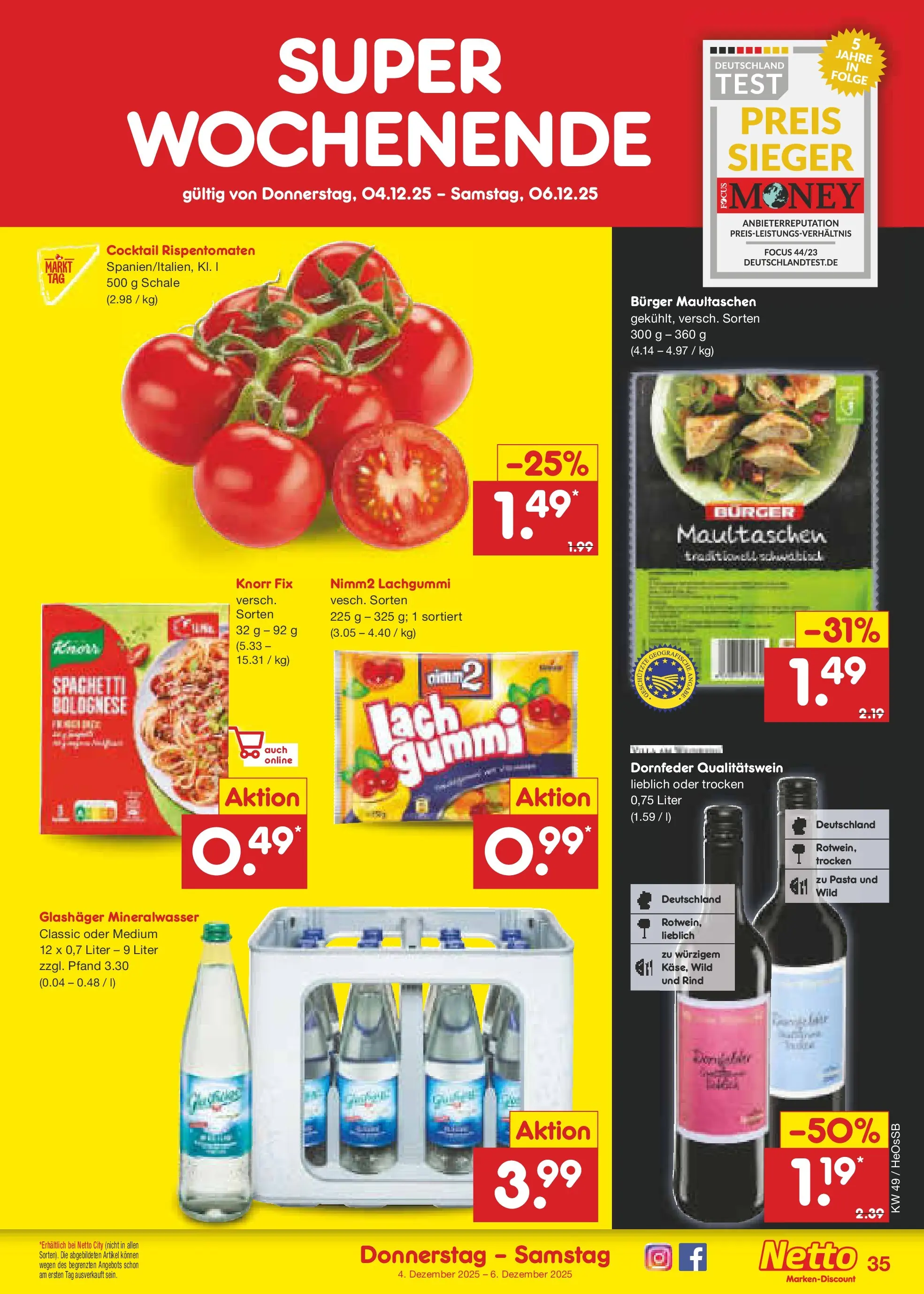 Netto Marken-Discount prospekt Kröpelin	 (ab 01.12.2025) » Angebote | Seite: 37 | Produkte: Knorr fix, Burger, Mineralwasser, Maultaschen