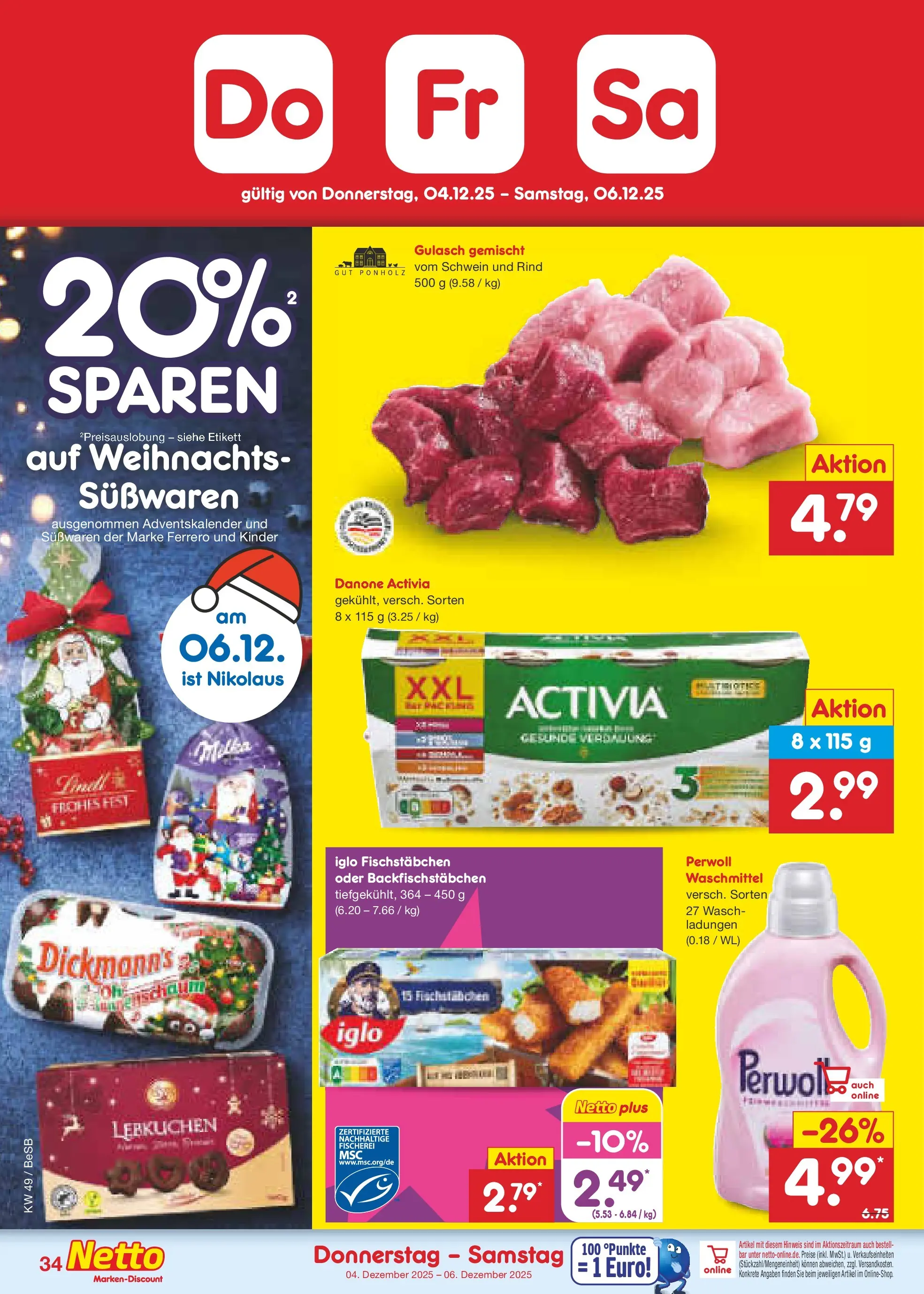 Netto Marken-Discount prospekt Berlin-Spandau	 (ab 01.12.2025) » Angebote | Seite: 36 | Produkte: Danone activia, Perwoll, Fischstabchen, Gulasch