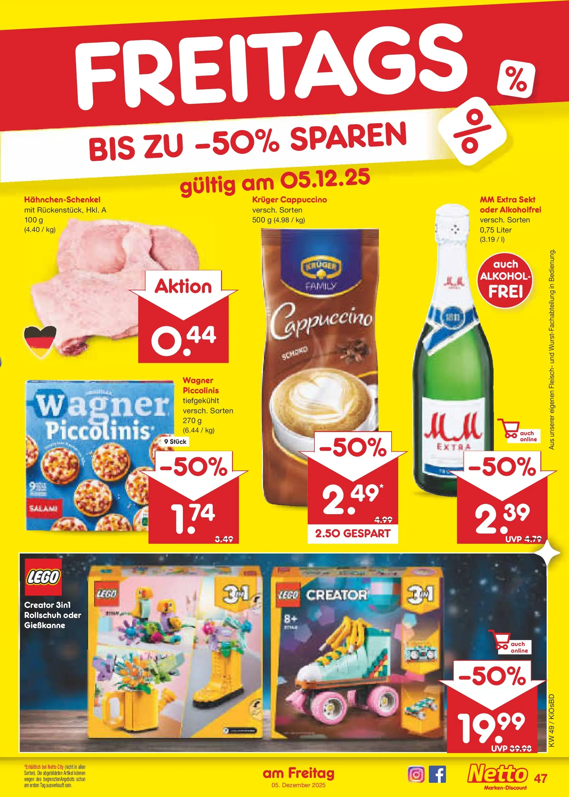 Netto Marken-Discount prospekt Mistelbach	 (ab 01.12.2025) » Angebote | Seite: 50 | Produkte: Hahnchenschenkel, Piccolinis, Kruger cappuccino, Fleisch