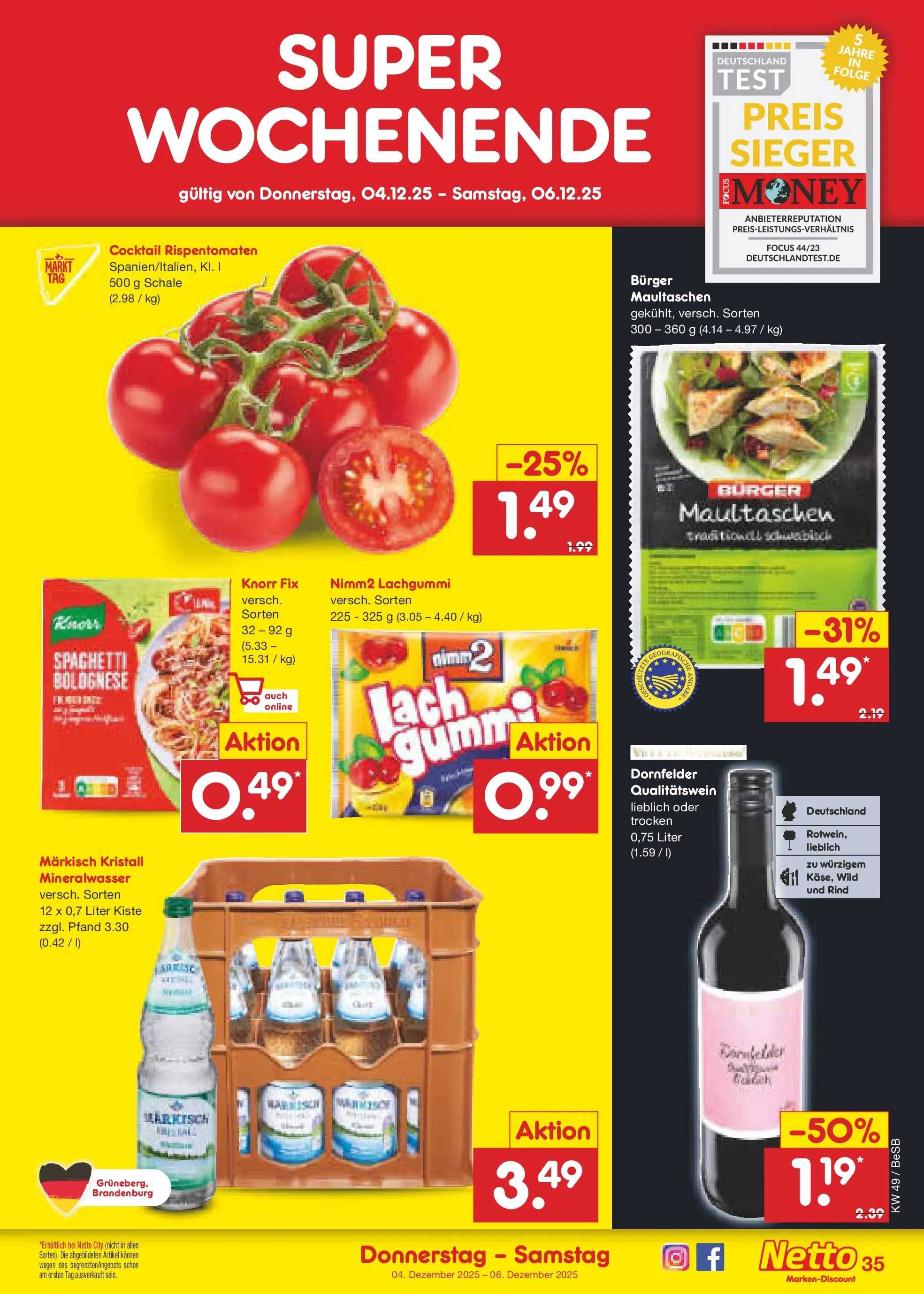 Netto Marken-Discount prospekt Berlin-Spandau	 (ab 01.12.2025) » Angebote | Seite: 37 | Produkte: Knorr fix, Burger, Knorr, Mineralwasser