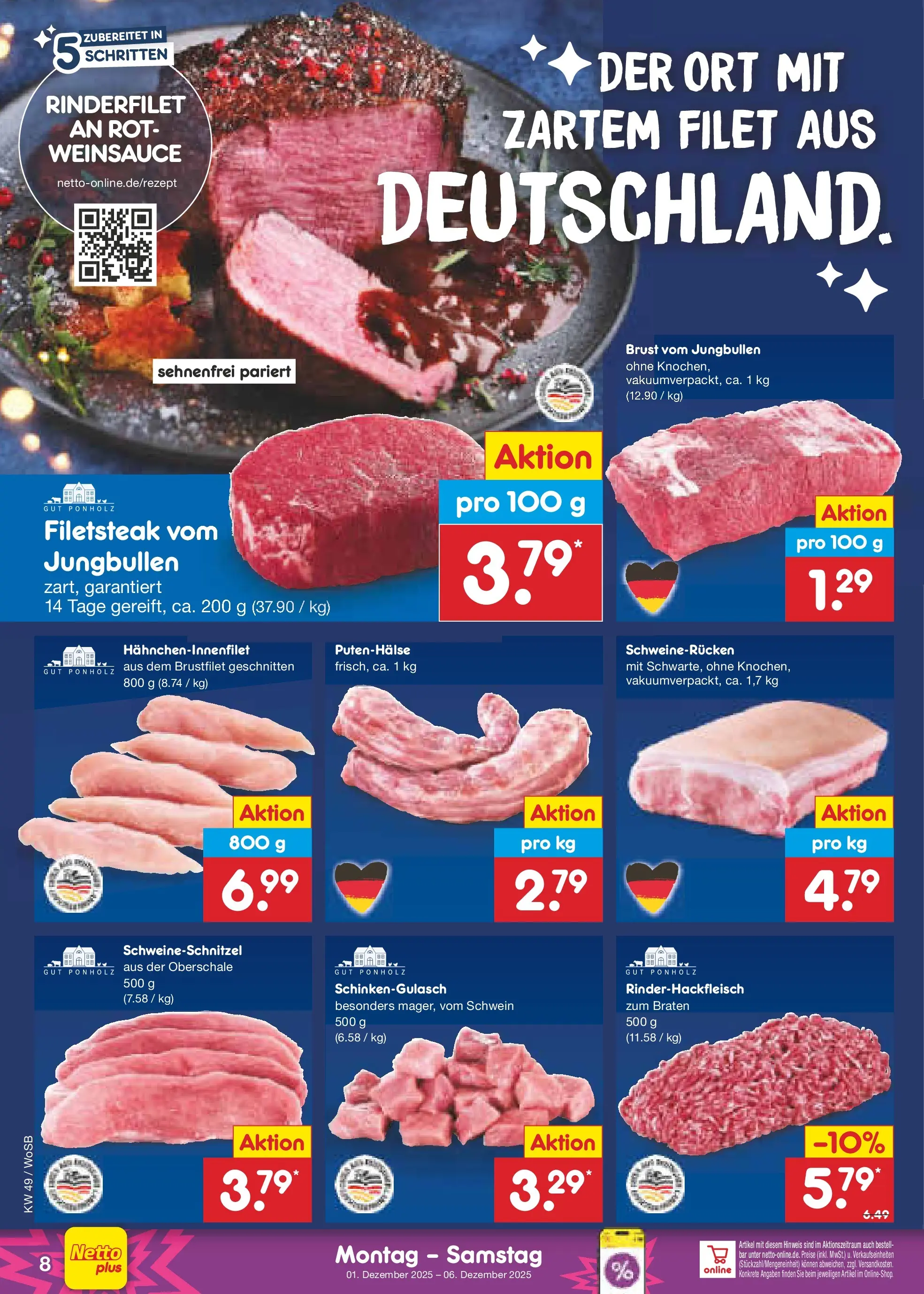 Netto Marken-Discount prospekt Lahnau	 (ab 01.12.2025) » Angebote | Seite: 8 | Produkte: Rinderfilet, Schweinerucken