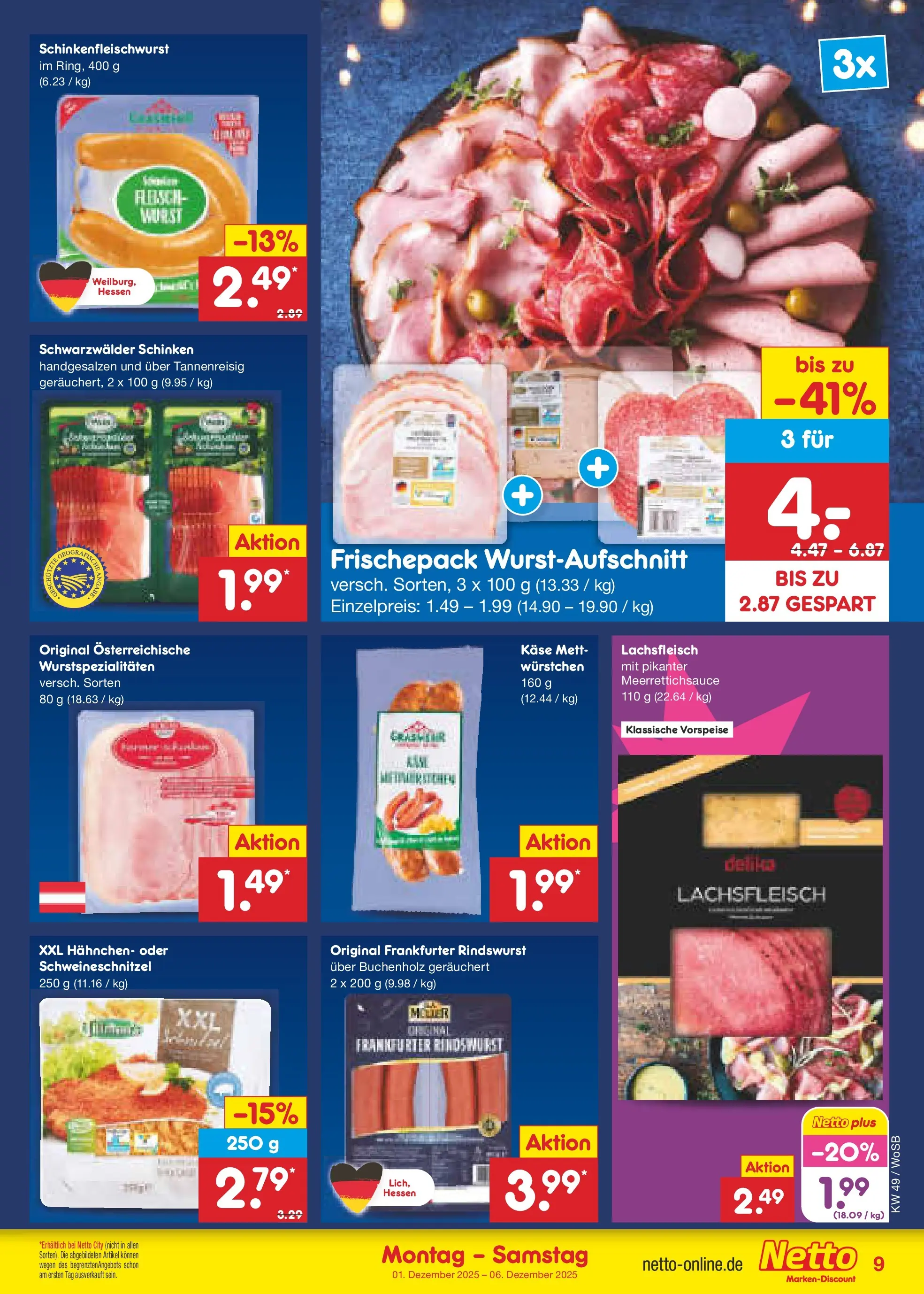 Netto Marken-Discount prospekt Lahnau	 (ab 01.12.2025) » Angebote | Seite: 9 | Produkte: Hahnchen, Wurst, Schinken, Fleisch