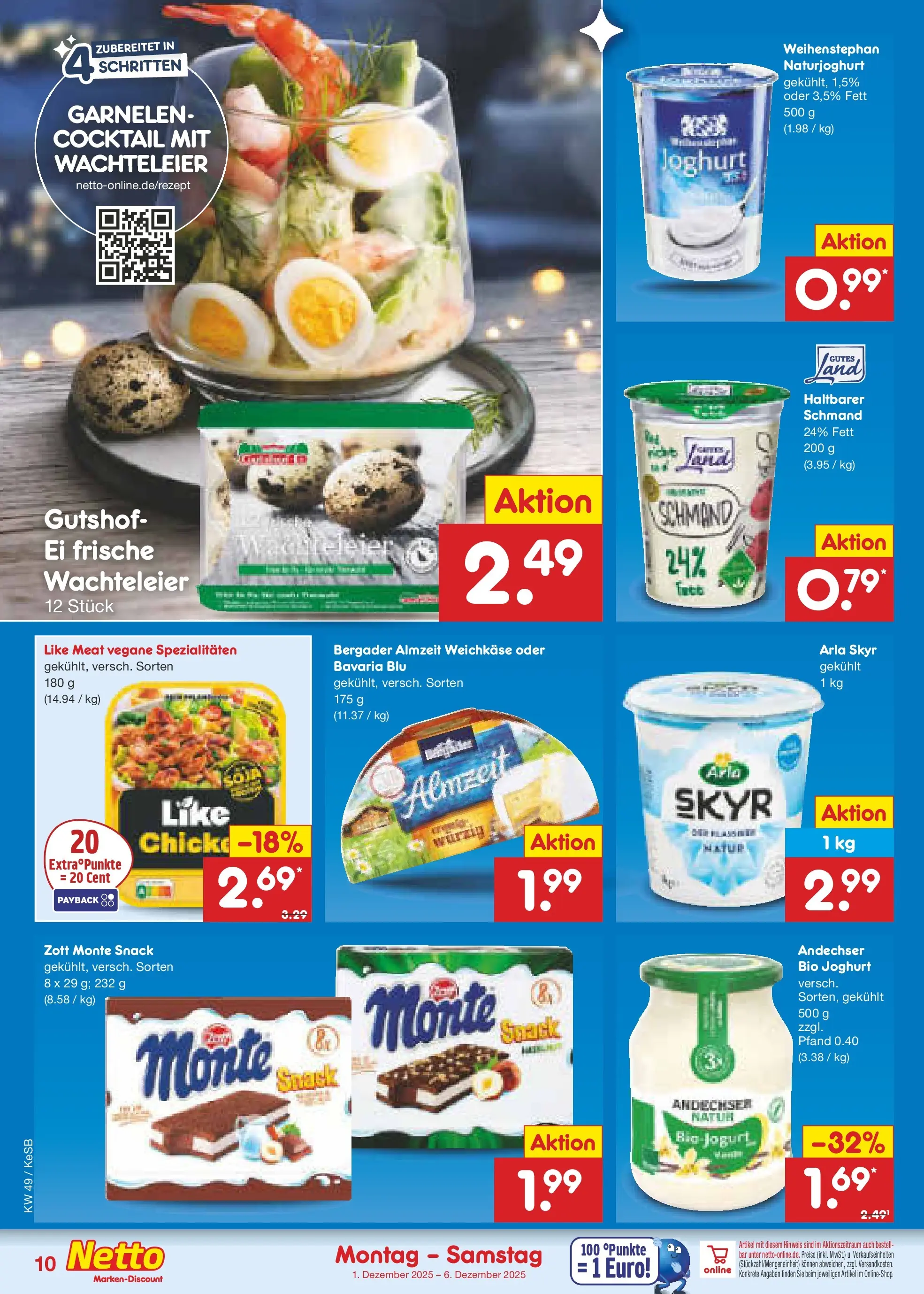 Netto Marken-Discount prospekt Kruft	 (ab 01.12.2025) » Angebote | Seite: 10 | Produkte: Joghurt, Skyr, Arla skyr, Like meat