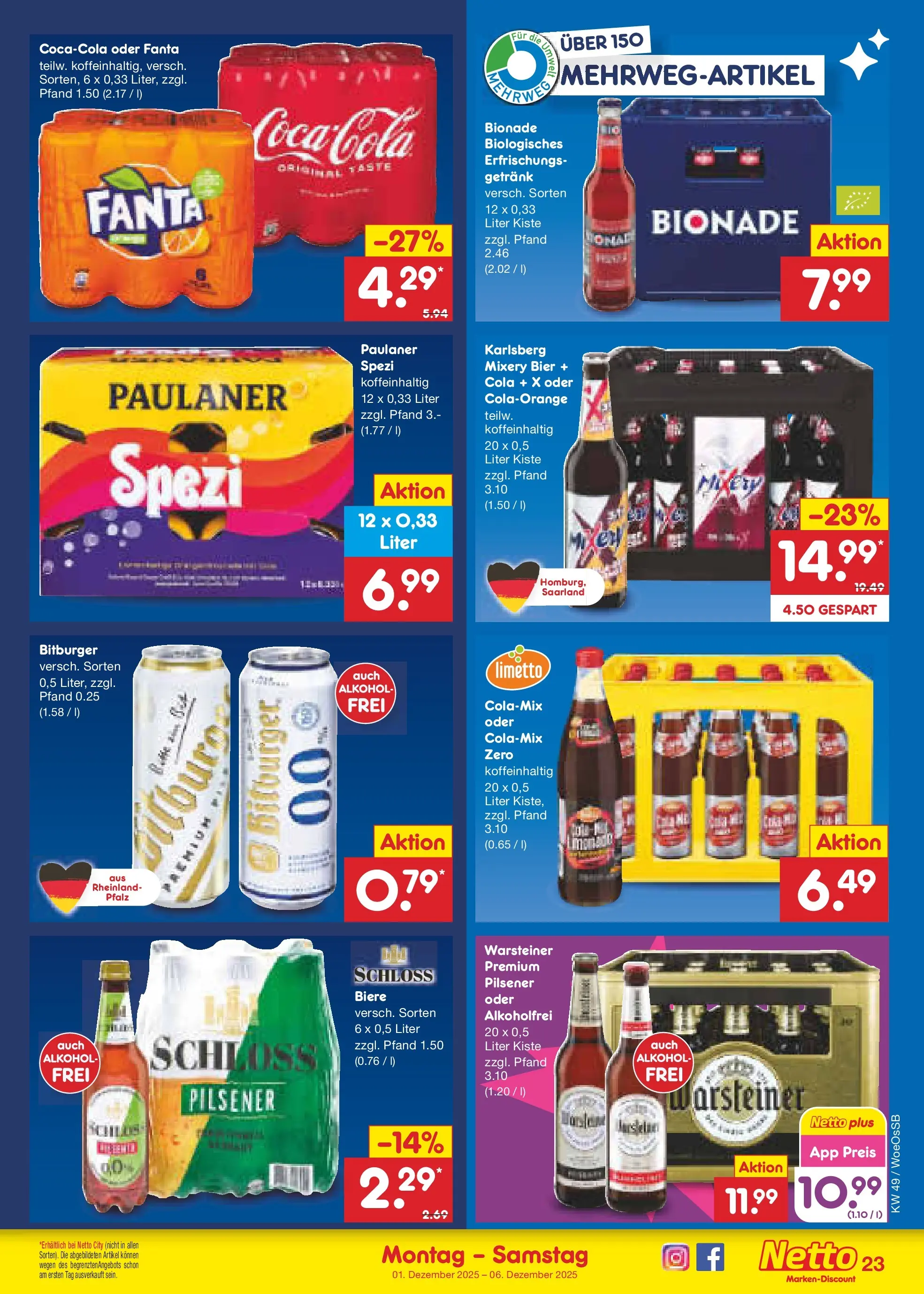 Netto Marken-Discount prospekt Gemmingen	 (ab 30.11.2025) » Angebote | Seite: 25 | Produkte: Cola, Bier, Bionade, Paulaner