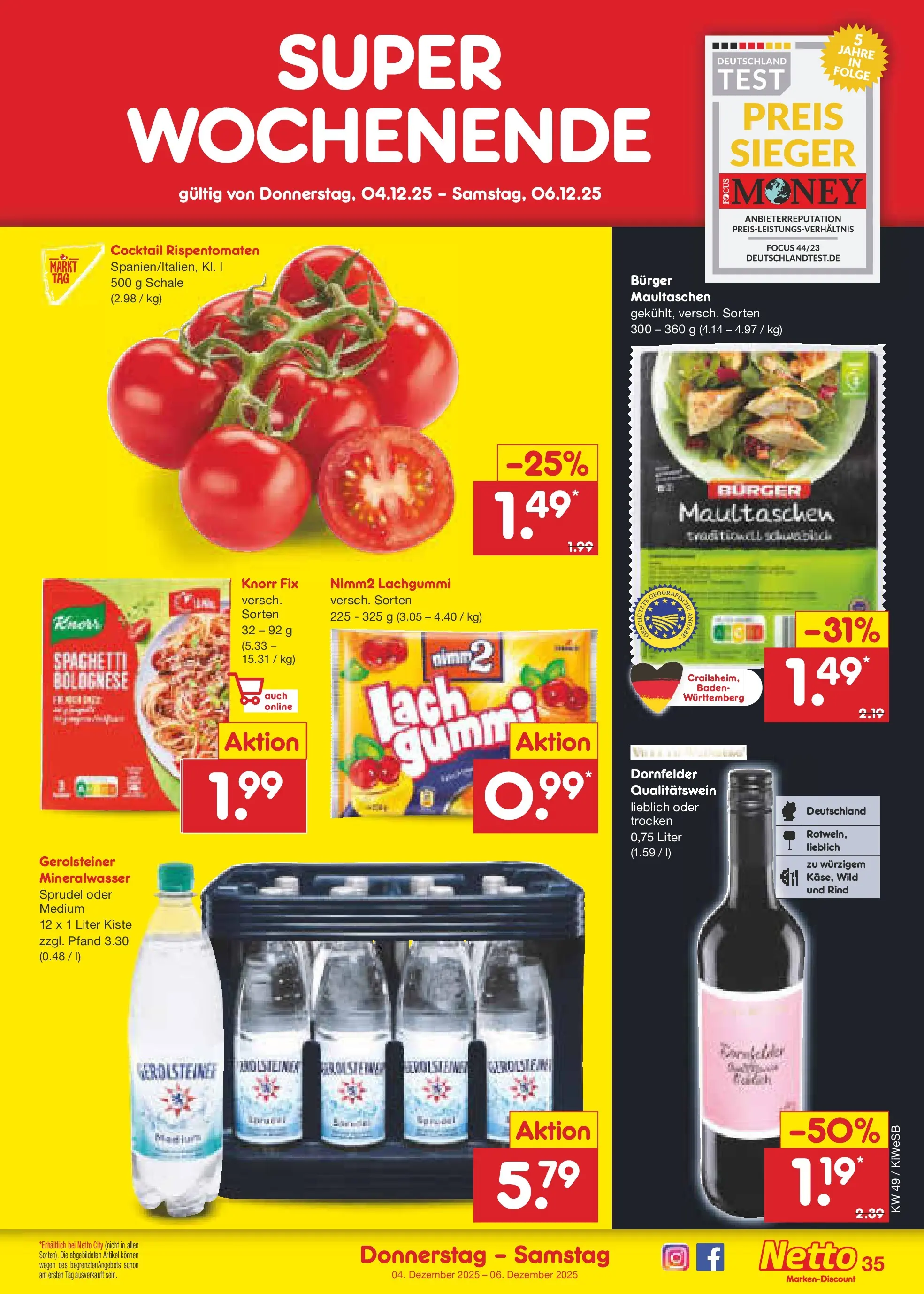 Netto Marken-Discount prospekt Bad Friedrichshall	 (ab 01.12.2025) » Angebote | Seite: 37 | Produkte: Knorr fix, Burger, Knorr, Gerolsteiner