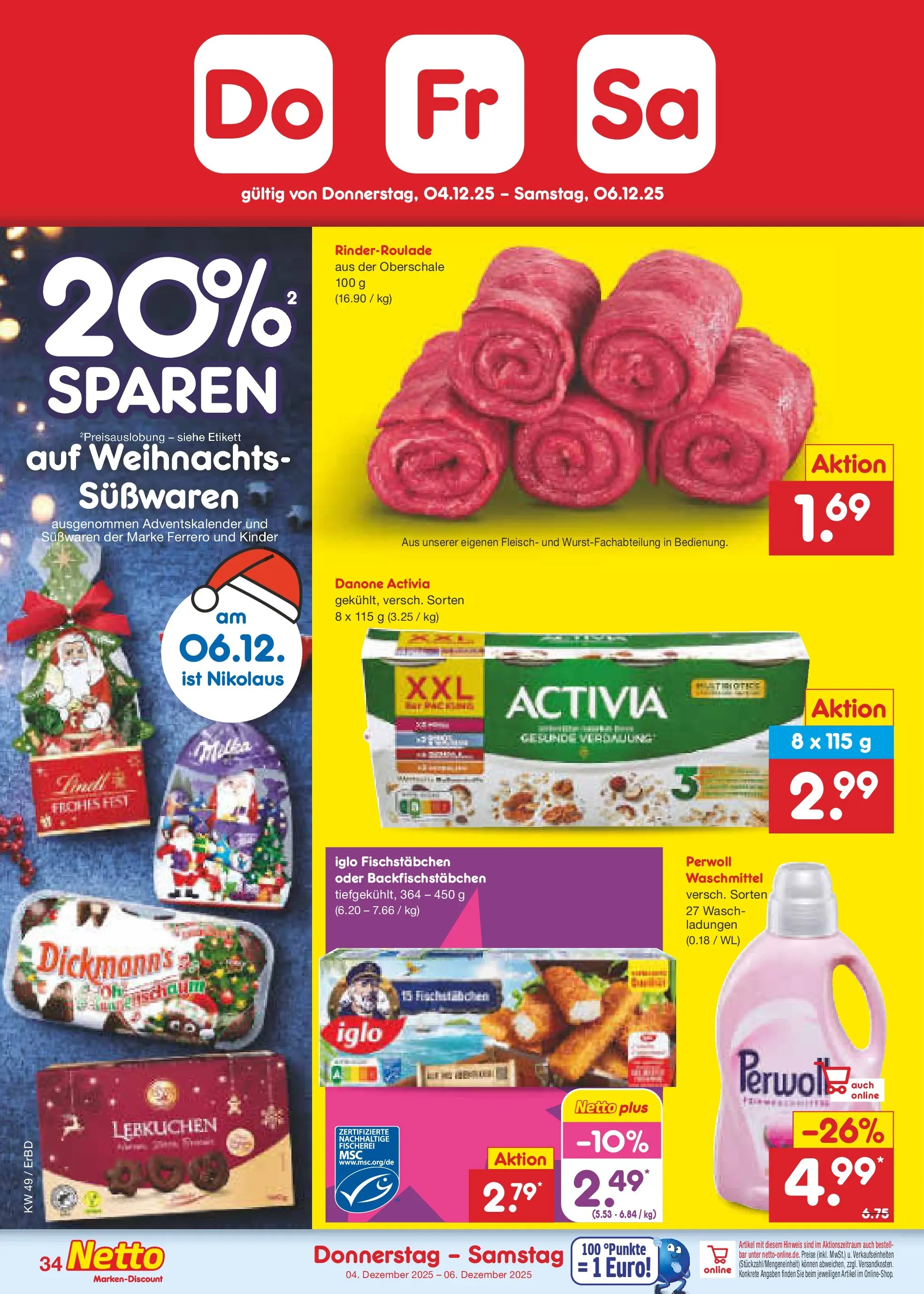 Netto Marken-Discount prospekt Jena-Lobeda	 (ab 01.12.2025) » Angebote | Seite: 36 | Produkte: Activia, Iglo, Perwoll, Fischstabchen