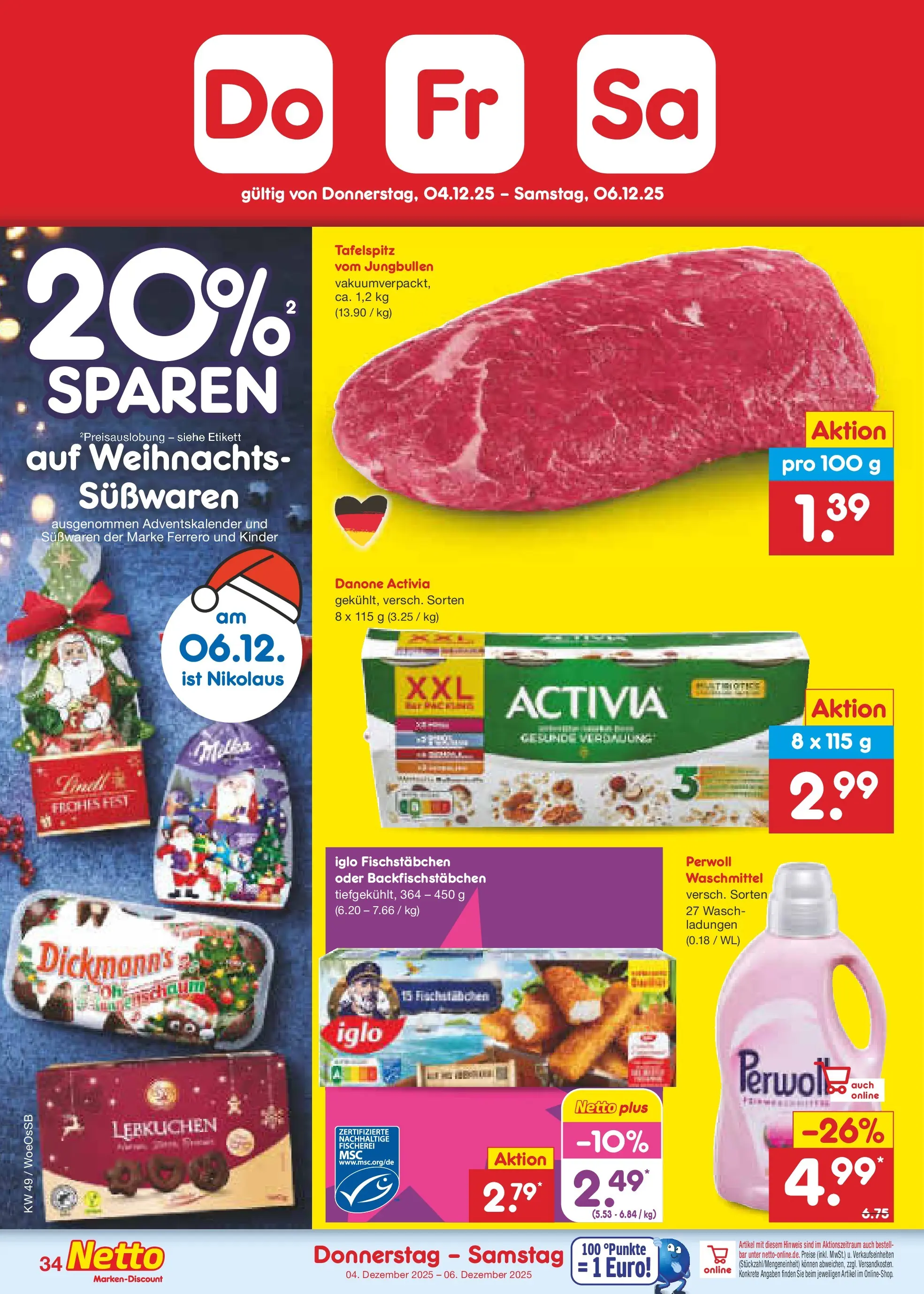 Netto Marken-Discount prospekt Gemmingen	 (ab 30.11.2025) » Angebote | Seite: 36 | Produkte: Activia, Tafelspitz, Iglo, Waschmittel