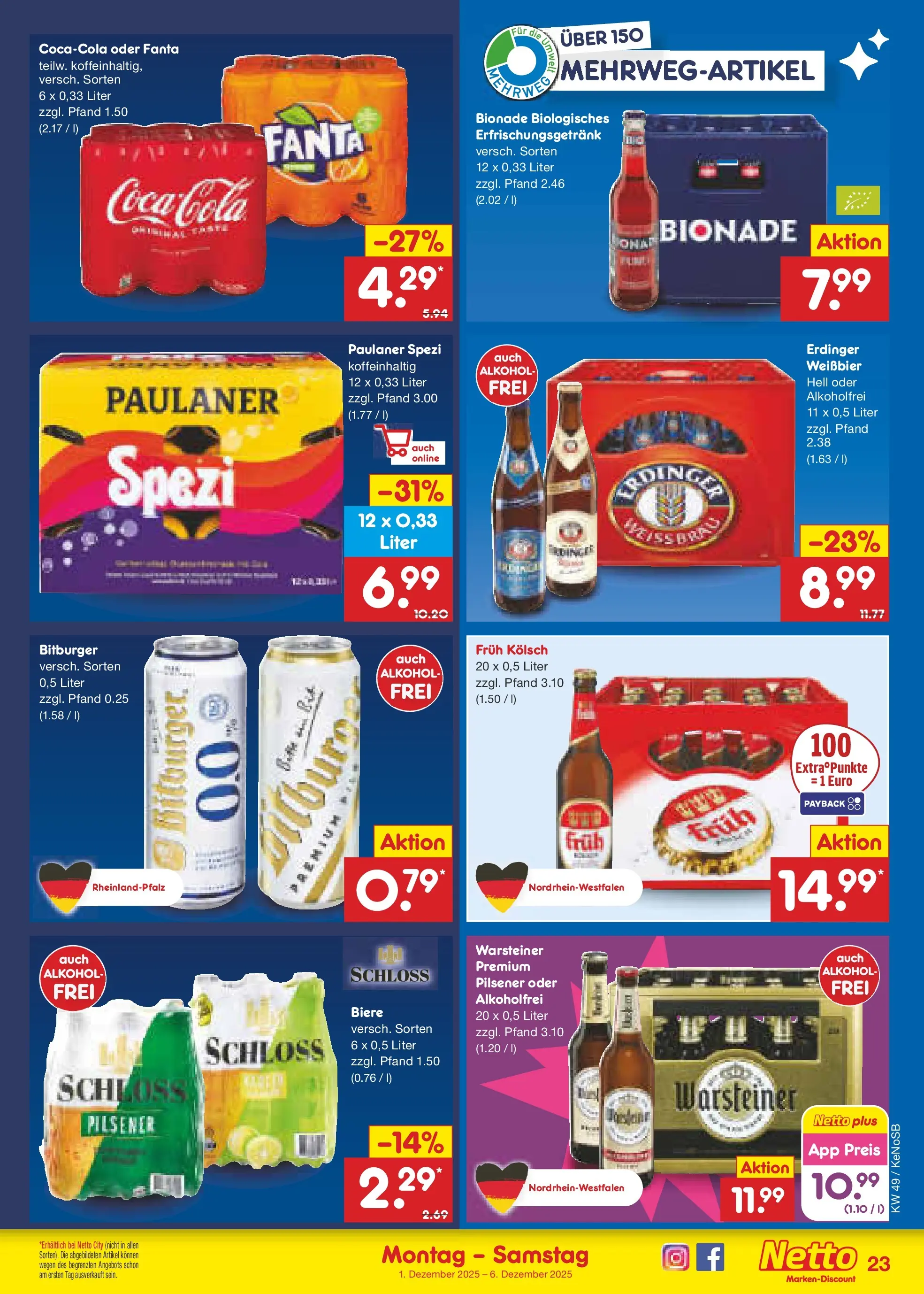 Netto Marken-Discount prospekt Bonn	 (ab 30.11.2025) » Angebote | Seite: 25 | Produkte: Erdinger, Cola, Paulaner spezi, Warsteiner