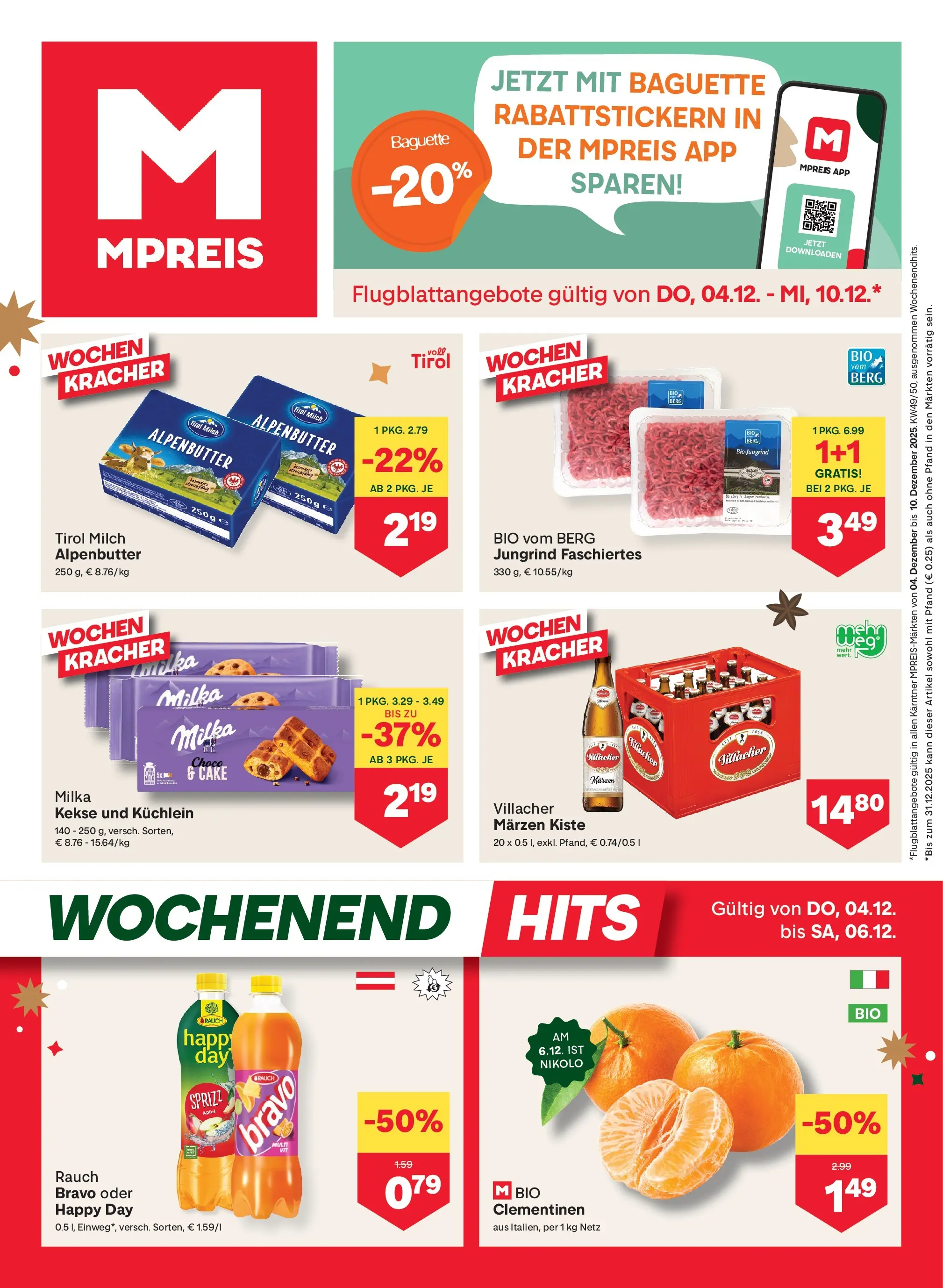 MPREIS Velden von 04.12.2025 - Aktuelle Angebote | Seite: 1 | Produkte: Kekse, Jääkaappipakastin, Milch, Äpfel