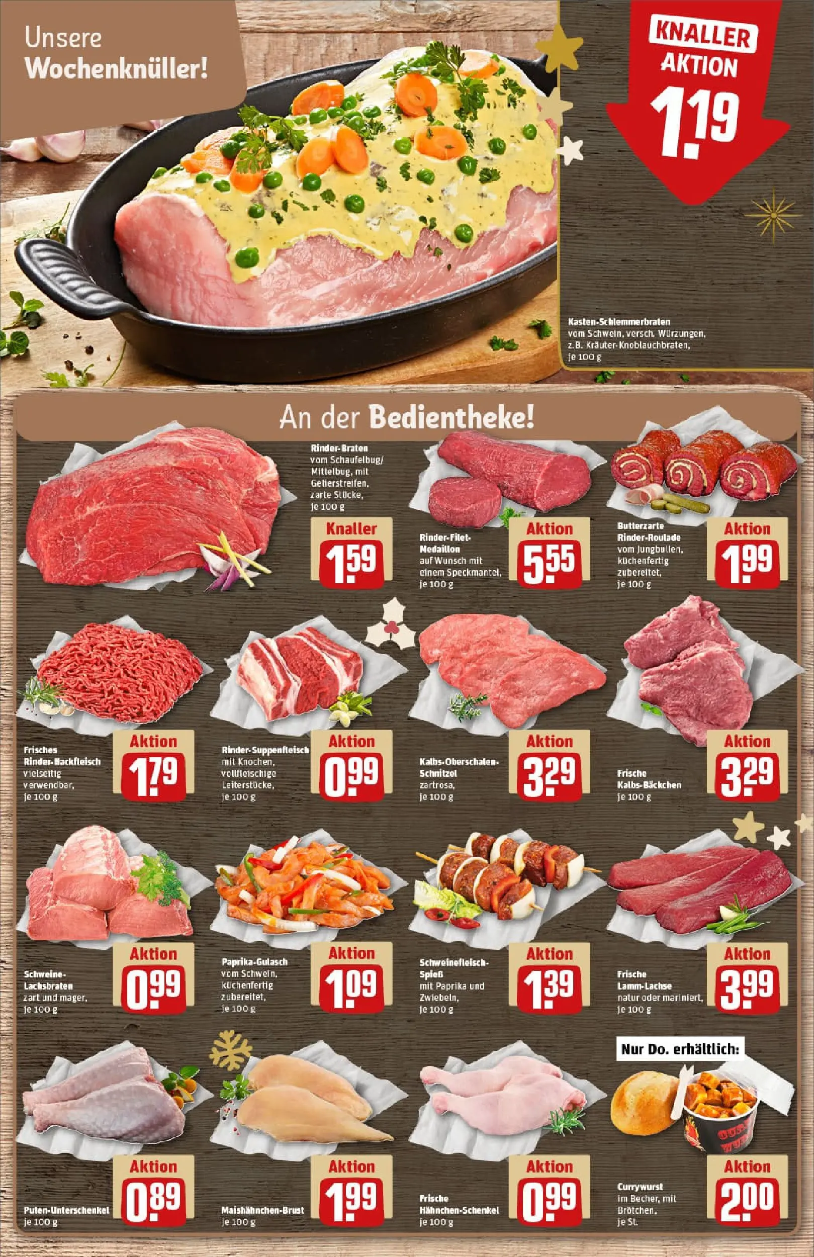 REWE Prospekt ab 01.12.2025 zum Blättern » Angebote | Seite: 8 | Produkte: Hahnchenschenkel, Rinderfilet, Suppenfleisch, Schweinefleisch